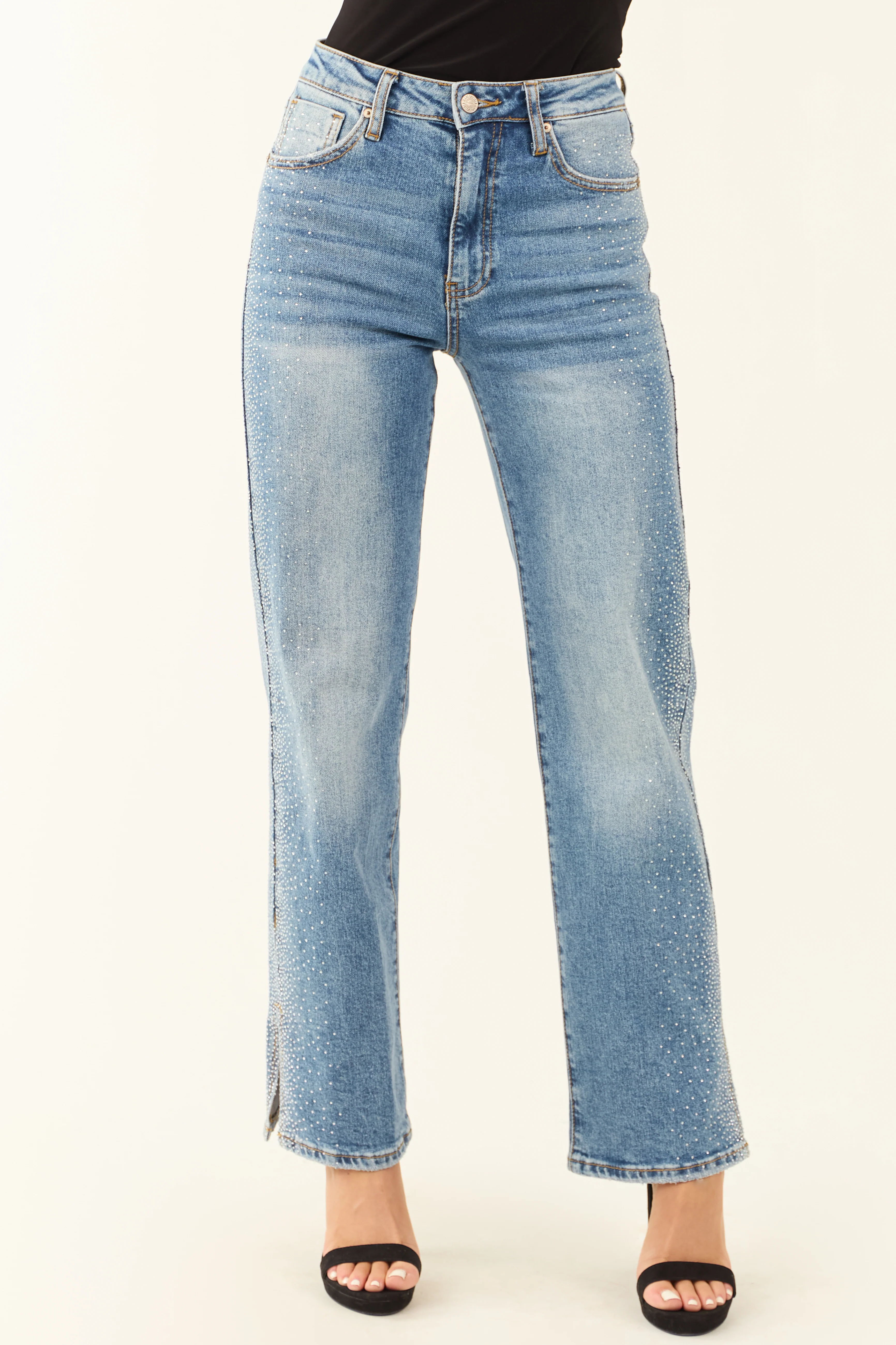 Special A Straight Leg Rhinestone Hem Slit Jeans - Image 3