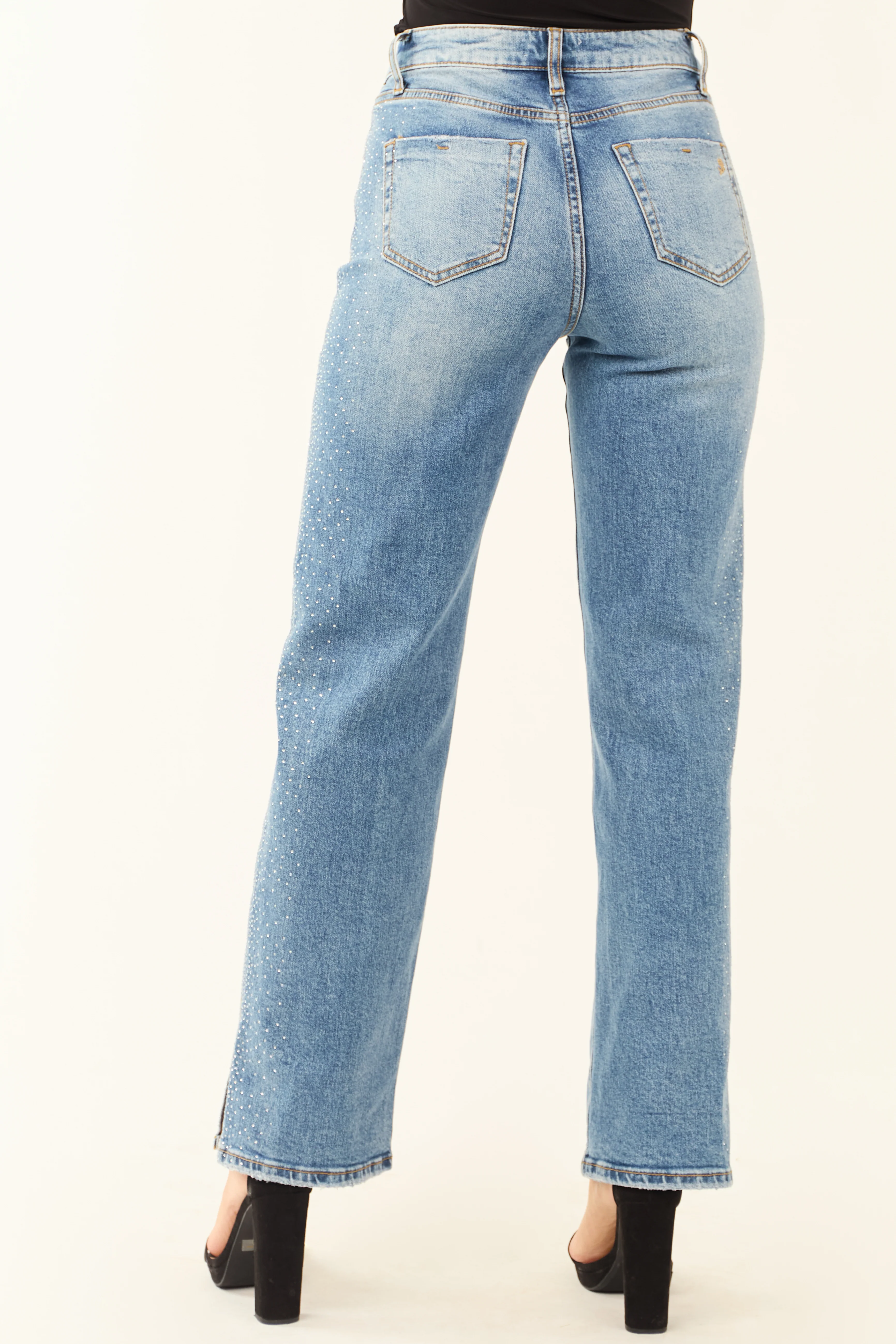 Special A Straight Leg Rhinestone Hem Slit Jeans - Image 4