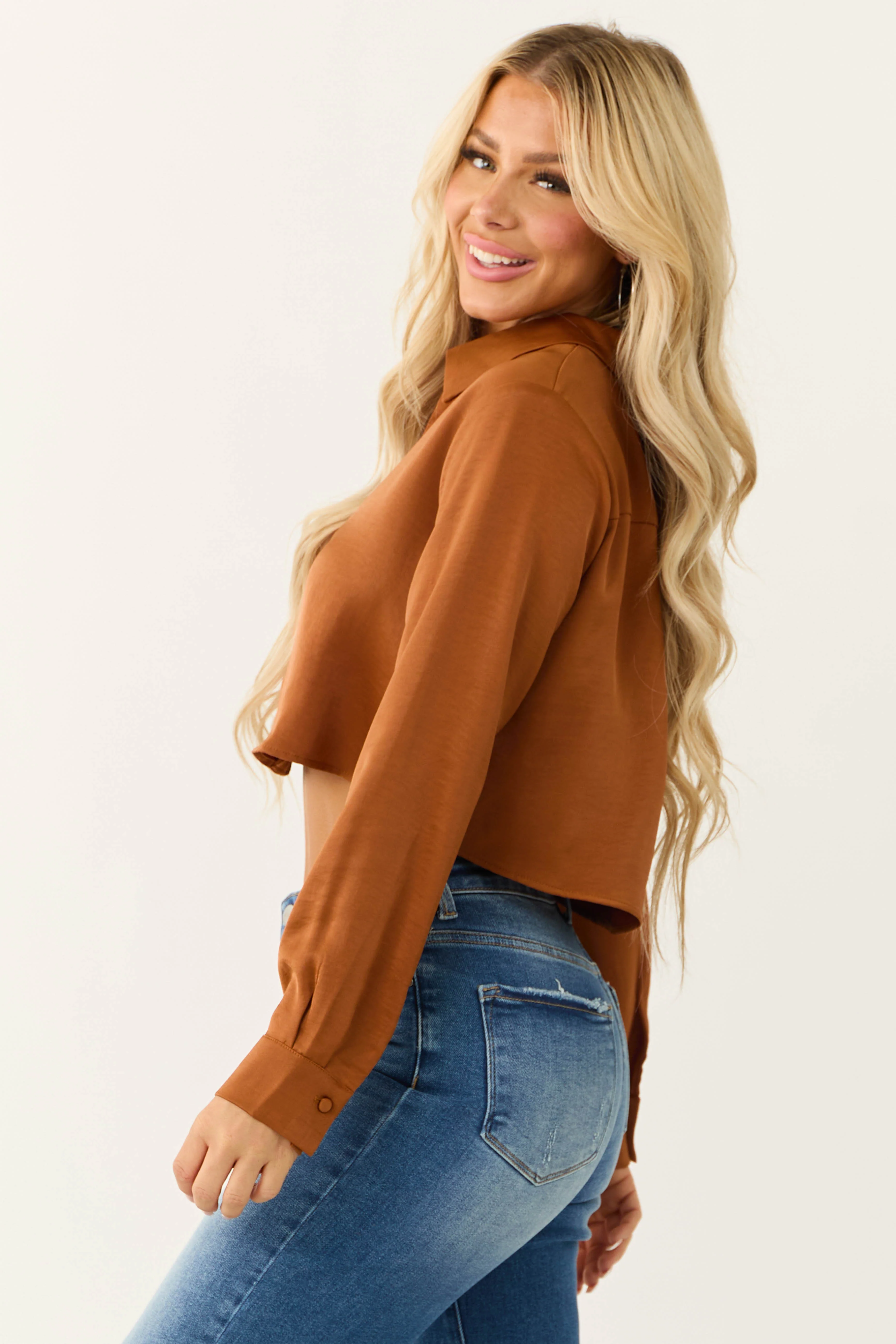 Spice Button Up Cropped Silky Long Sleeve Top - Image 6