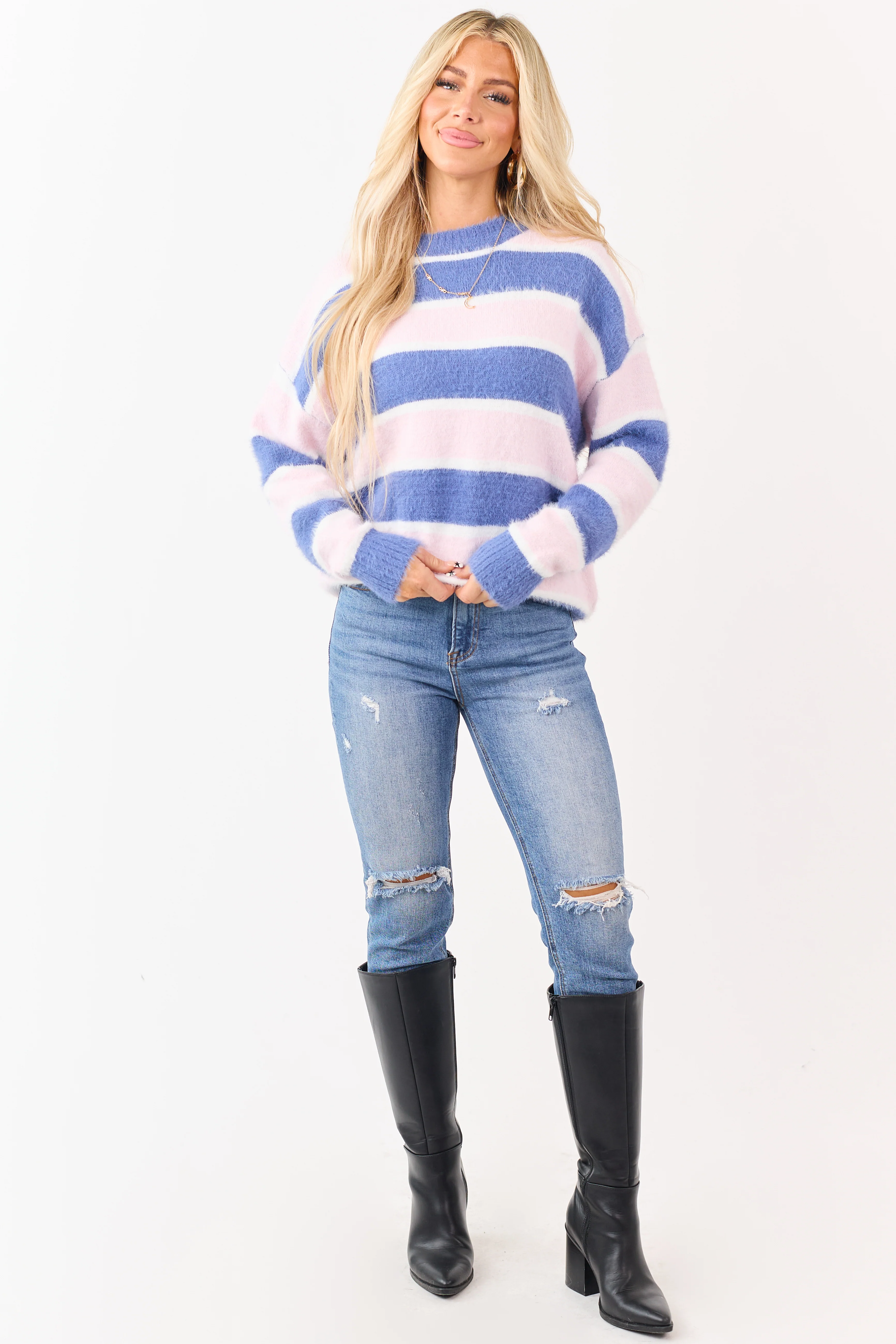 Steel Blue and Blush Striped Soft Fuzzy Knit Sweater - Image 2