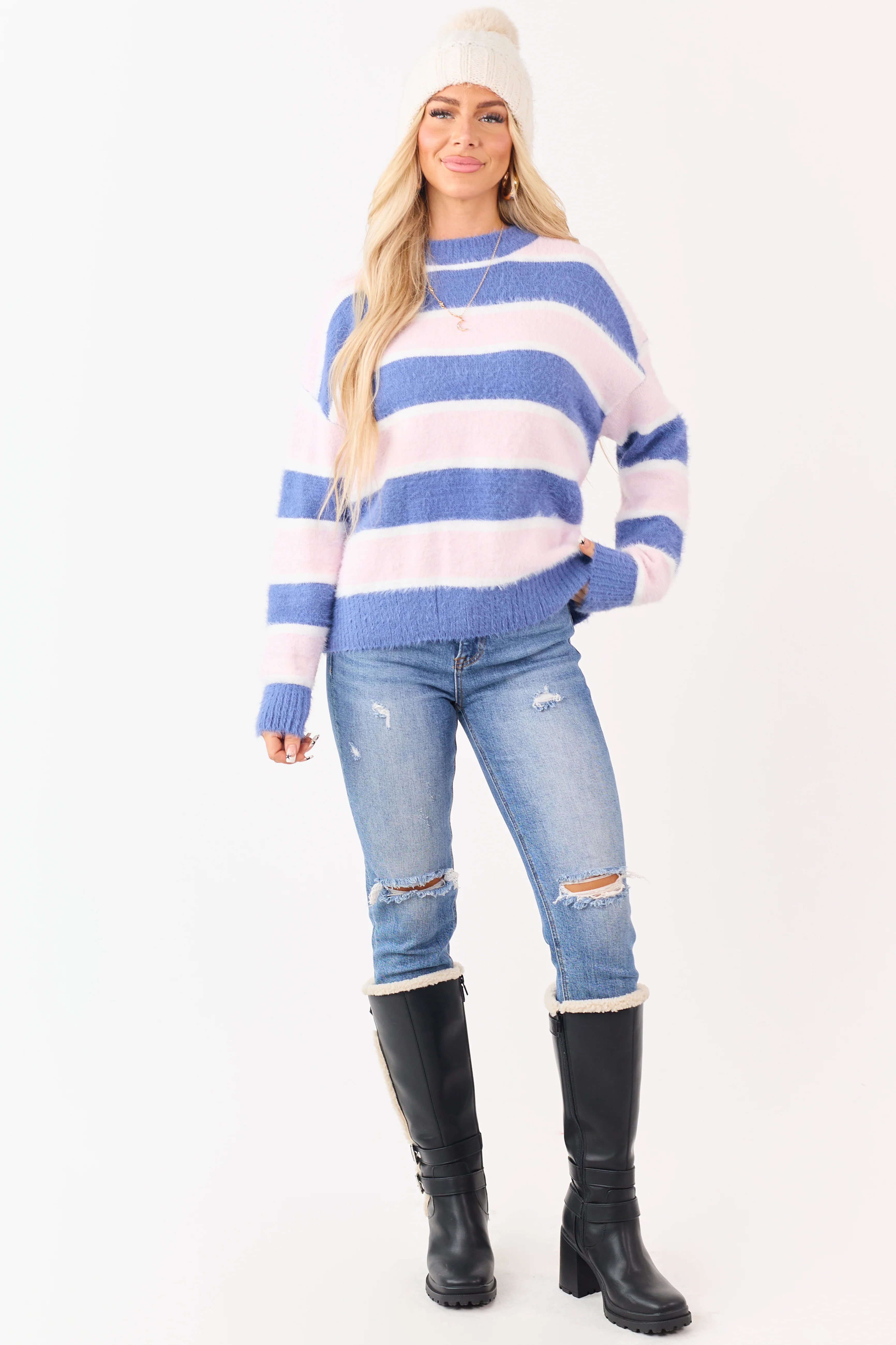 Steel Blue and Blush Striped Soft Fuzzy Knit Sweater - Image 4