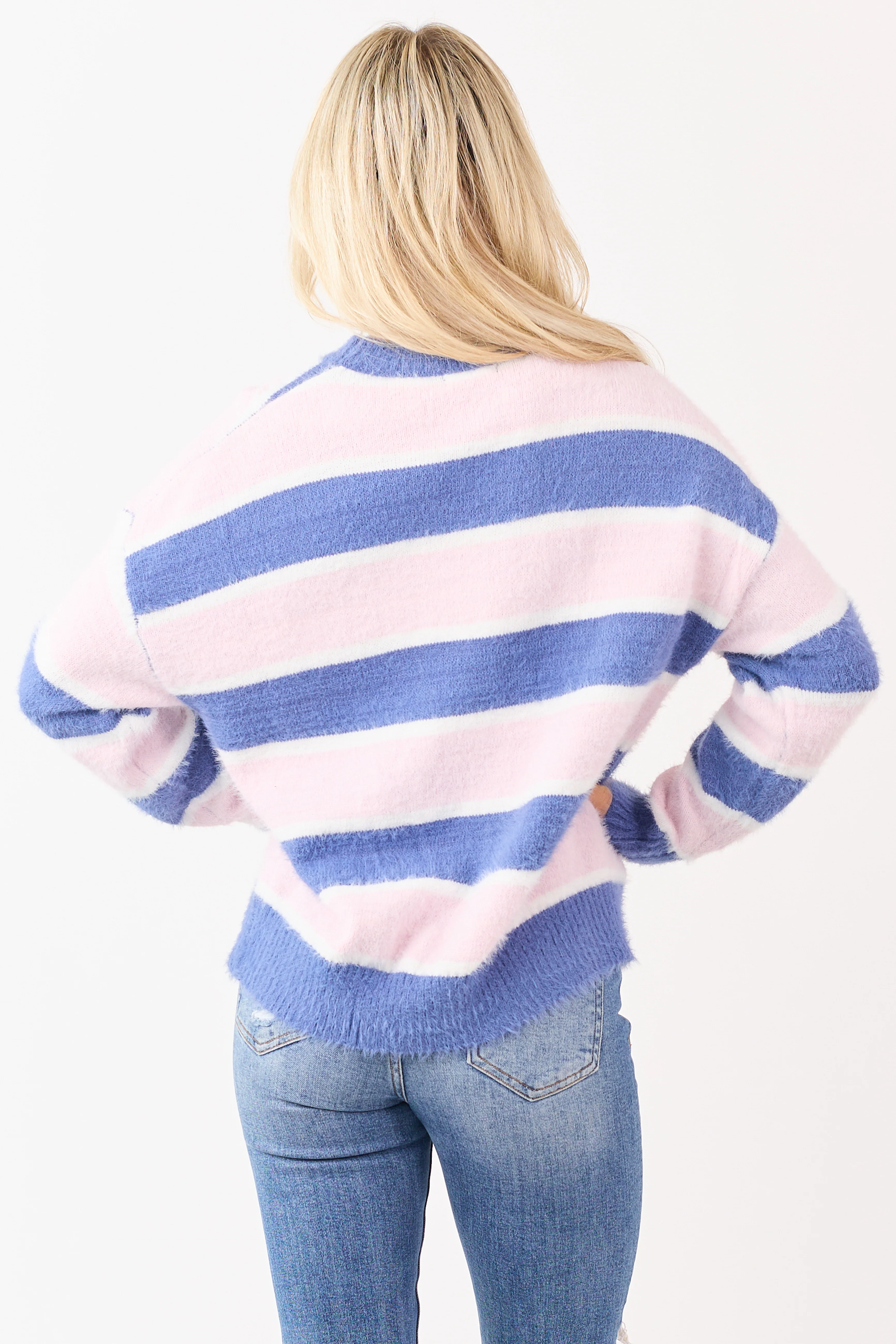 Steel Blue and Blush Striped Soft Fuzzy Knit Sweater - Image 6
