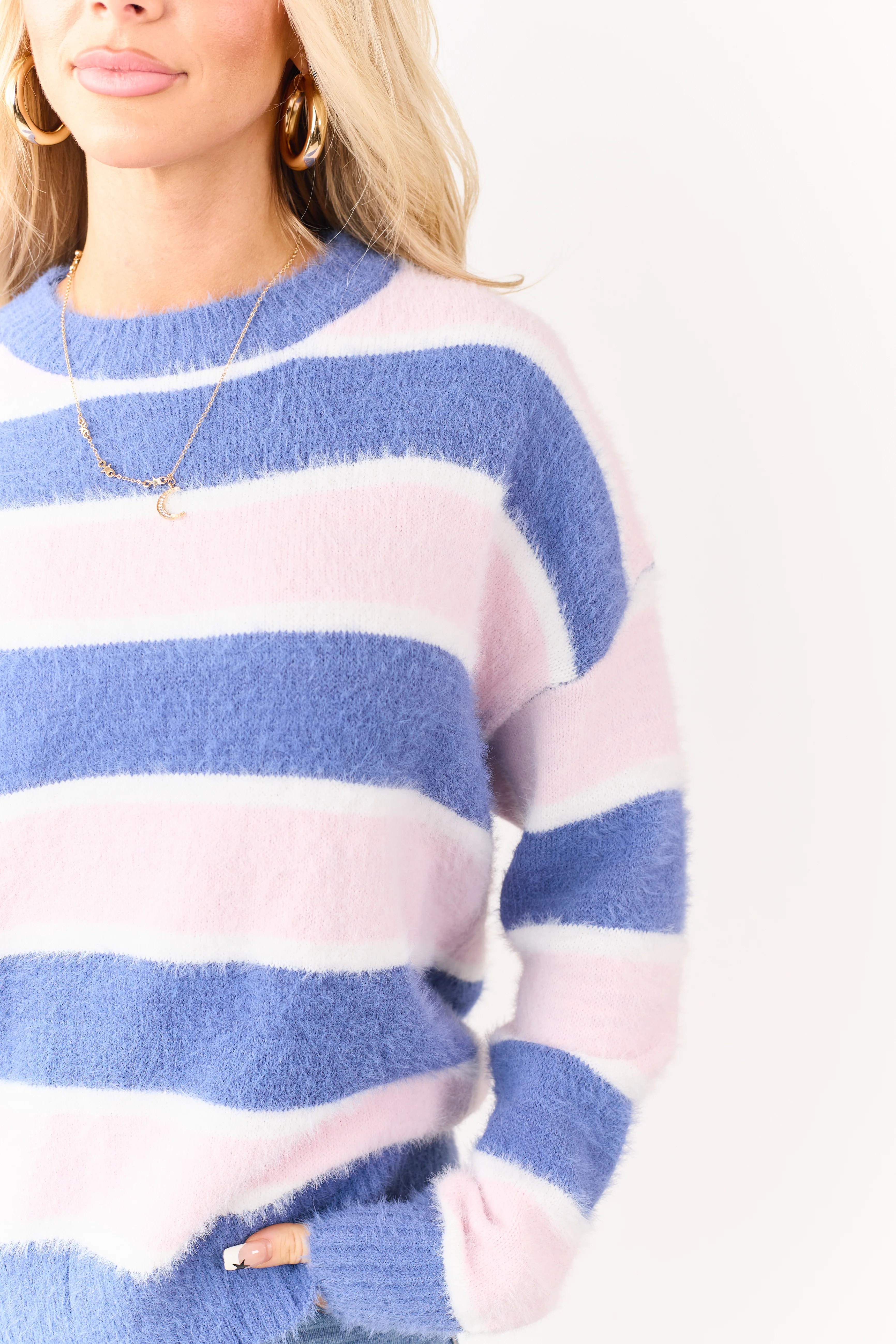 Steel Blue and Blush Striped Soft Fuzzy Knit Sweater - Image 7