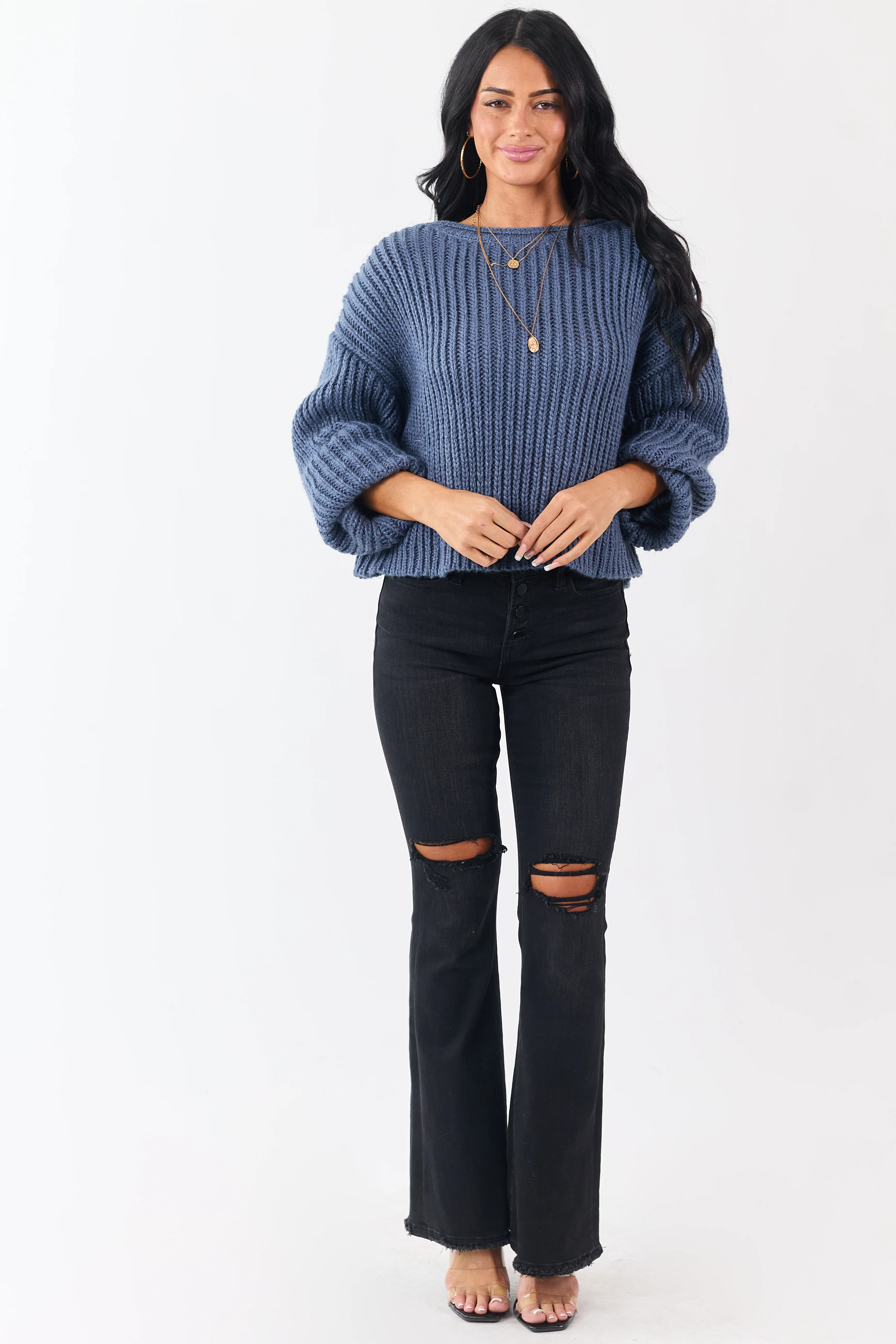 Steel Blue Chunky Rib Knit Boxy Boat Neck Sweater - Image 2