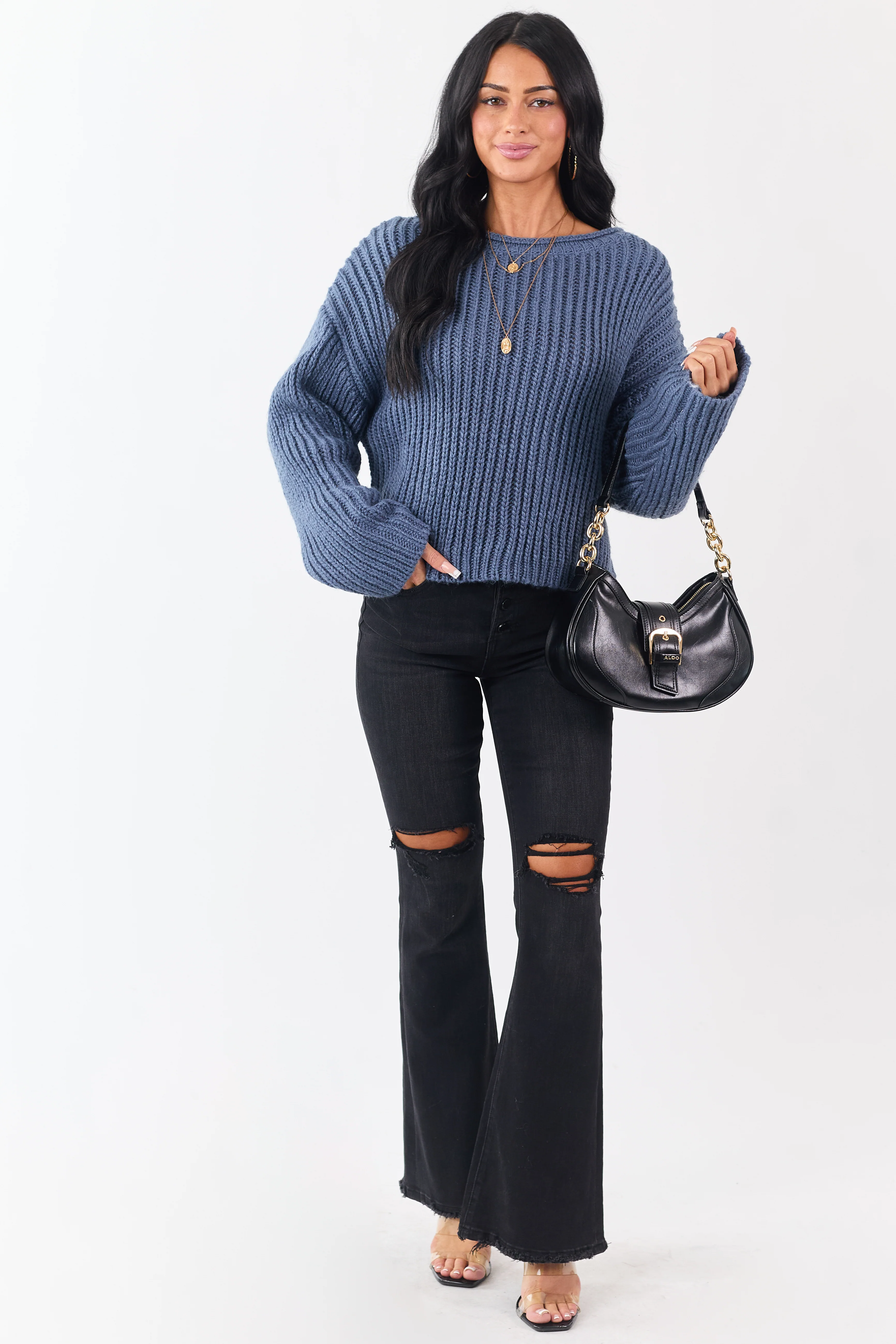 Steel Blue Chunky Rib Knit Boxy Boat Neck Sweater - Image 3