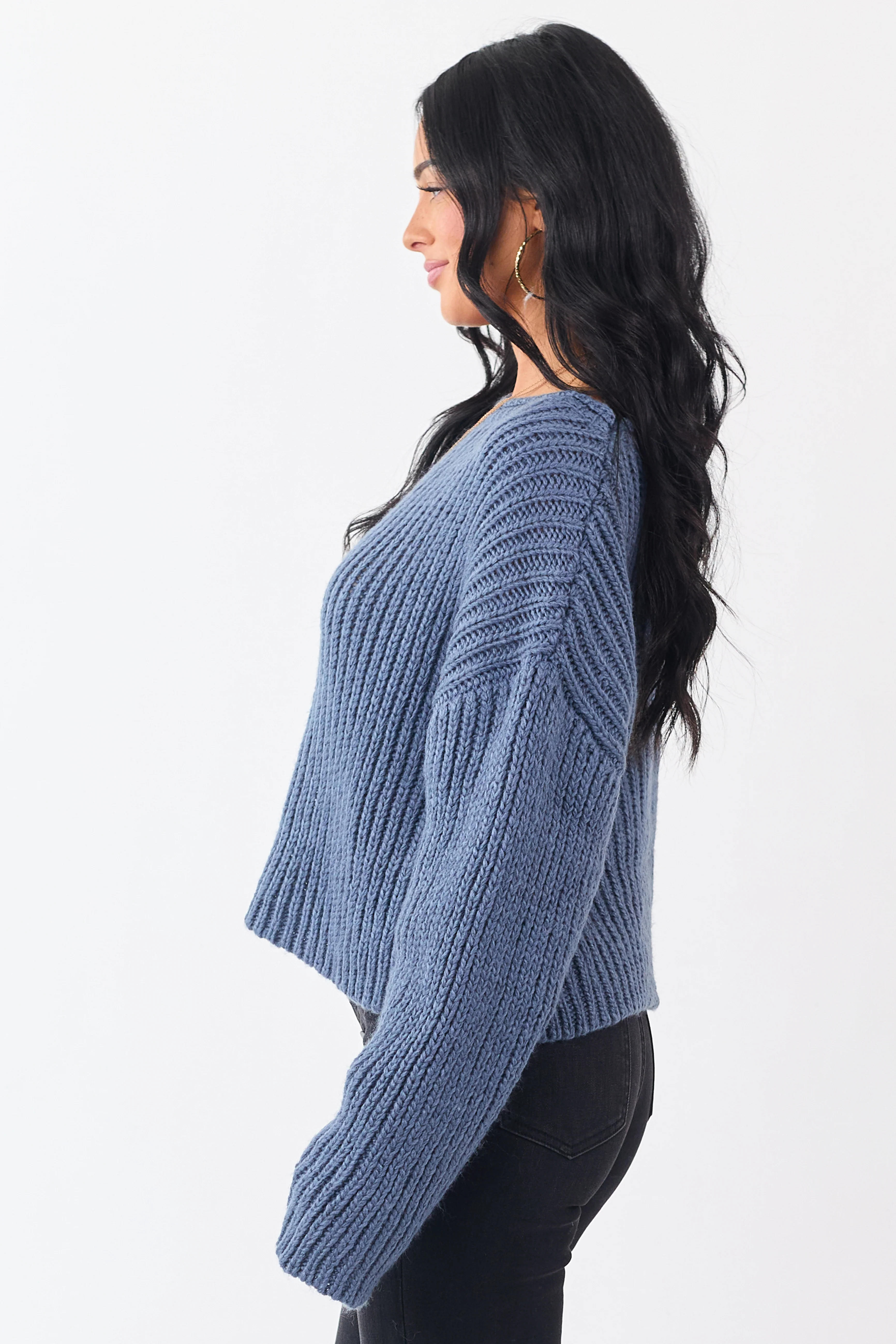Steel Blue Chunky Rib Knit Boxy Boat Neck Sweater - Image 4