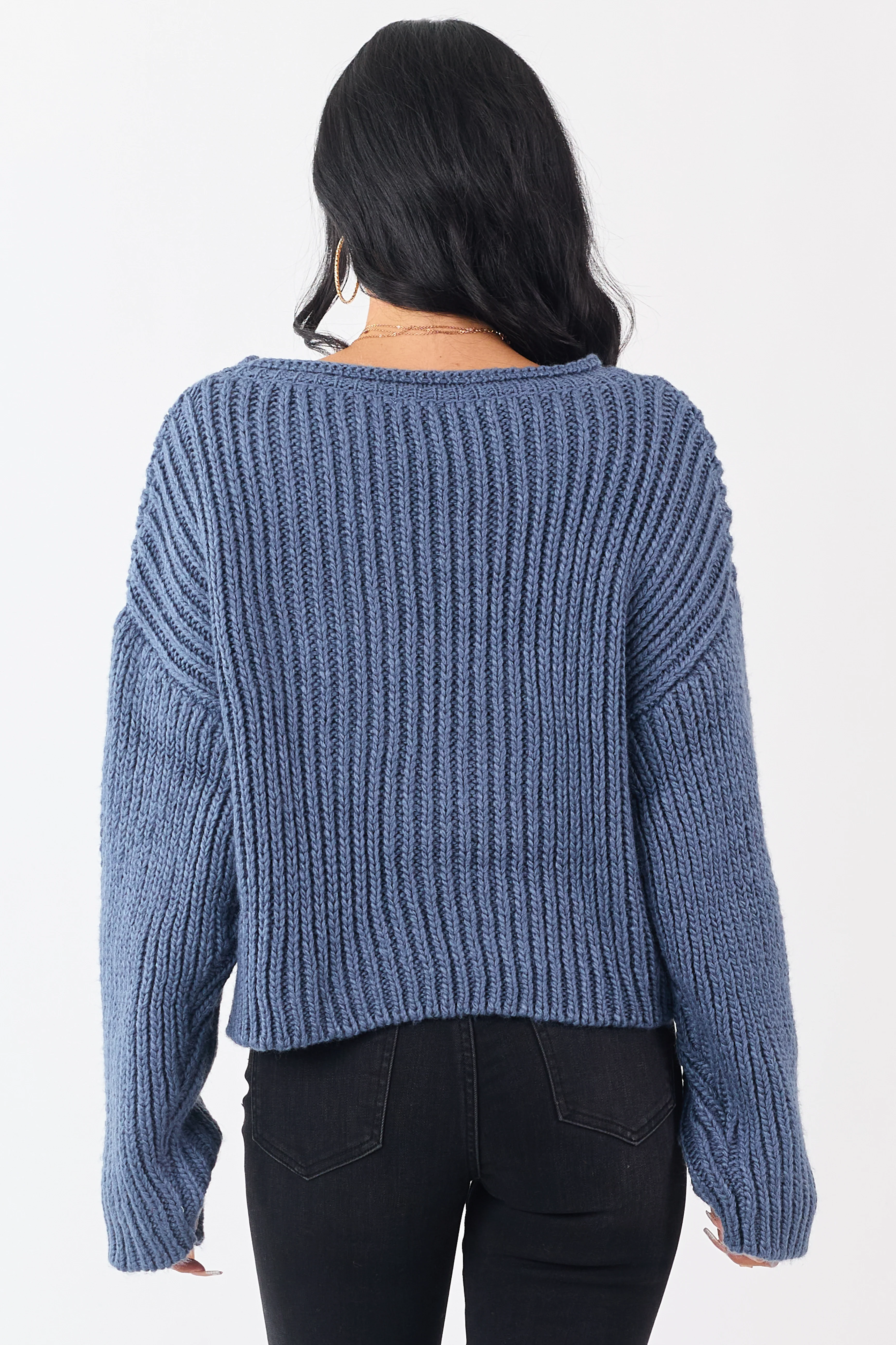 Steel Blue Chunky Rib Knit Boxy Boat Neck Sweater - Image 5
