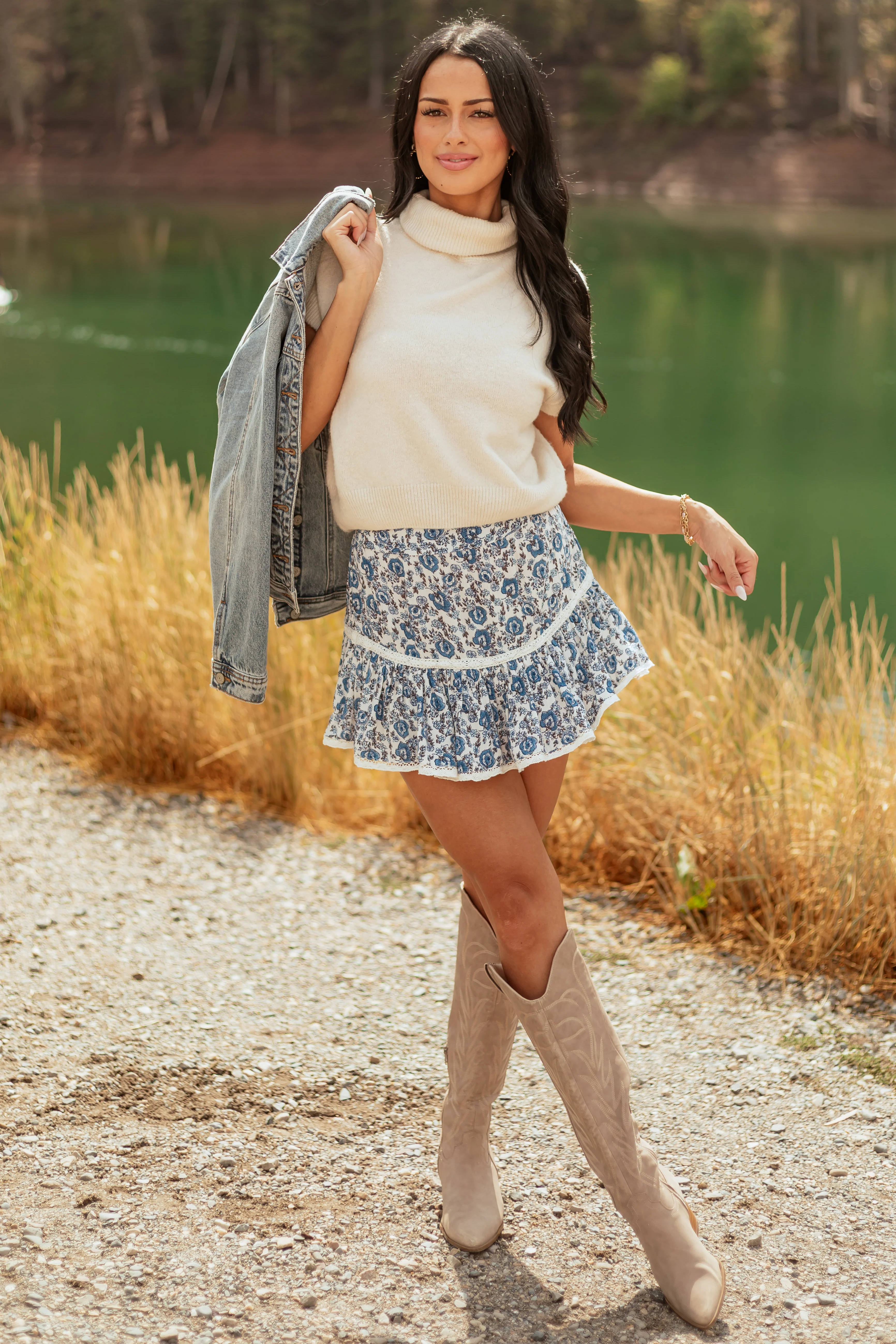 Steel Blue Floral Print Tiered Lace Mini Skort - Image 2