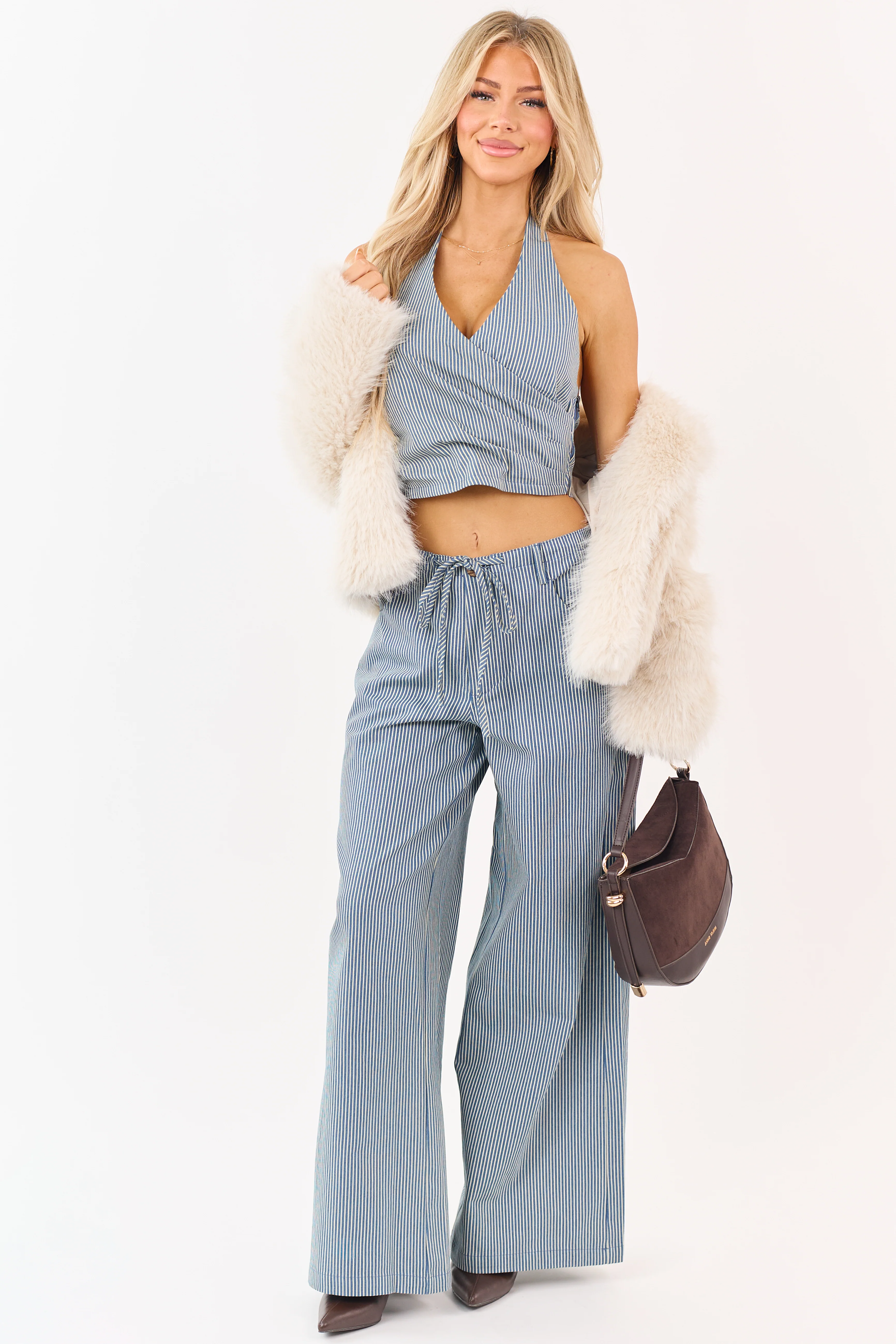 Steel Blue Pin Stripe Denim Wrap Cropped Halter Top - Image 3