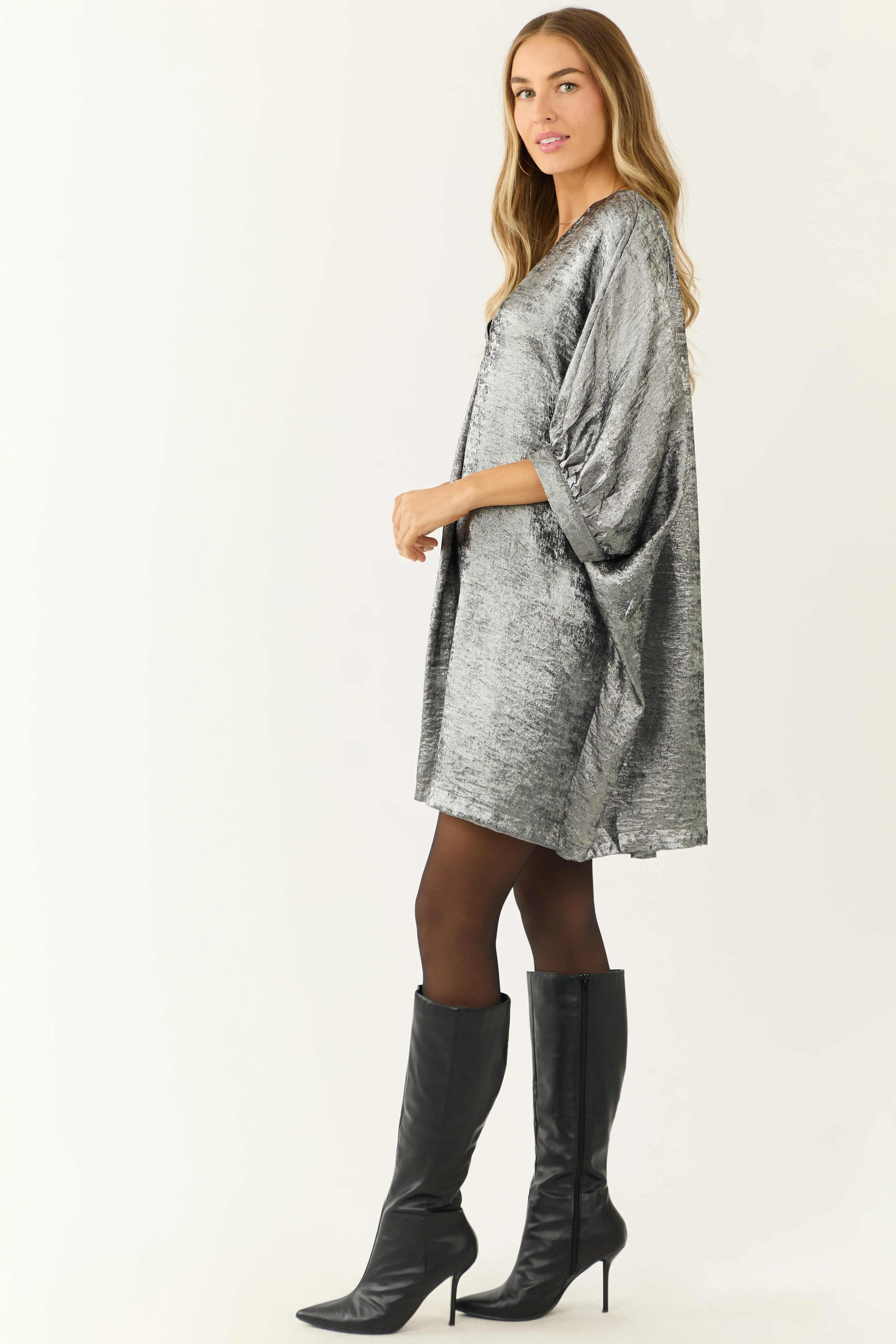 Silver Metallic V Neck Half Sleeve Mini Dress - Image 4