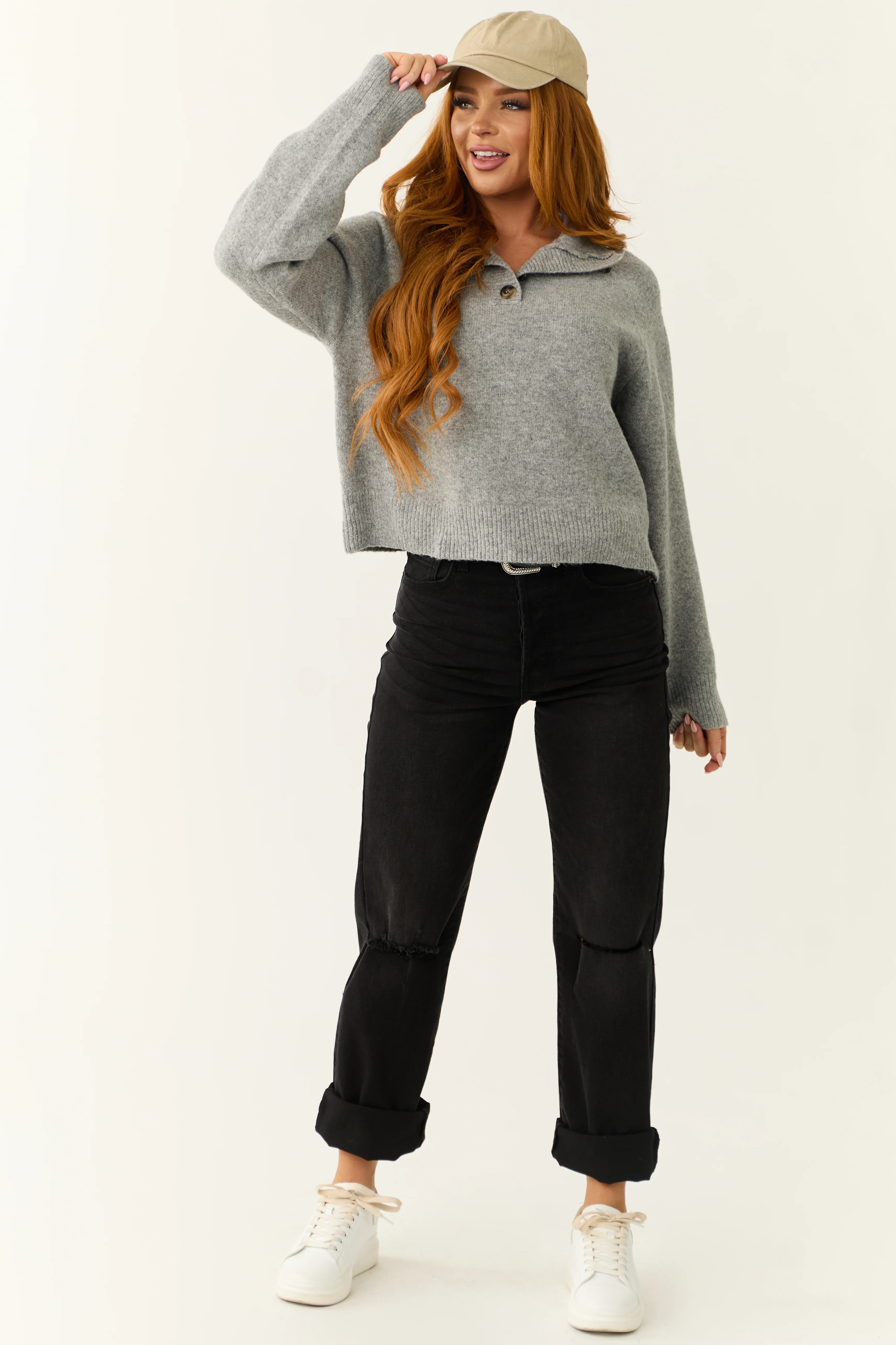 Steel Mock Neck Half Button Up Knit Sweater - Image 4
