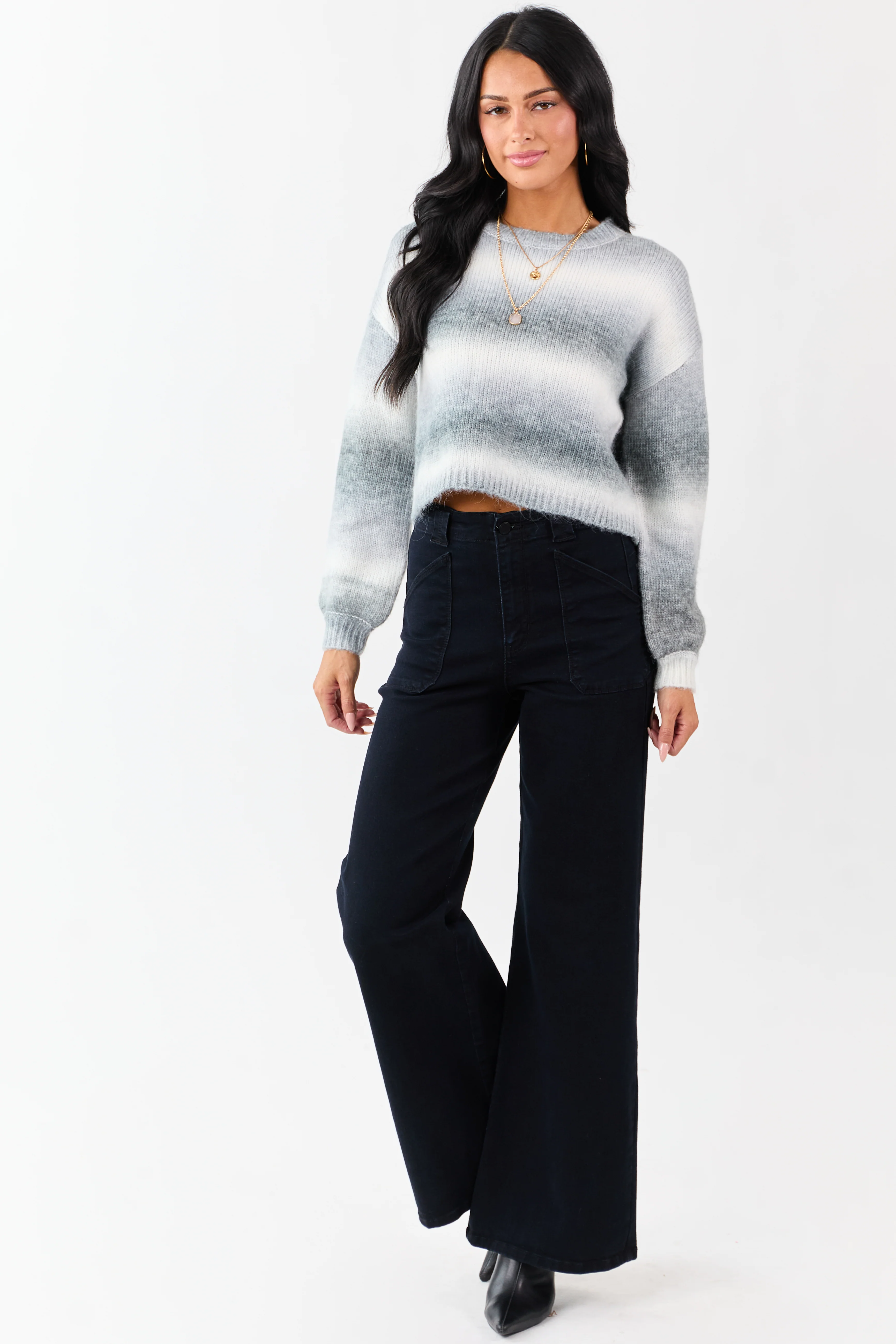 Steel Ombre Wool Blend Cropped Rib Knit Sweater - Image 2