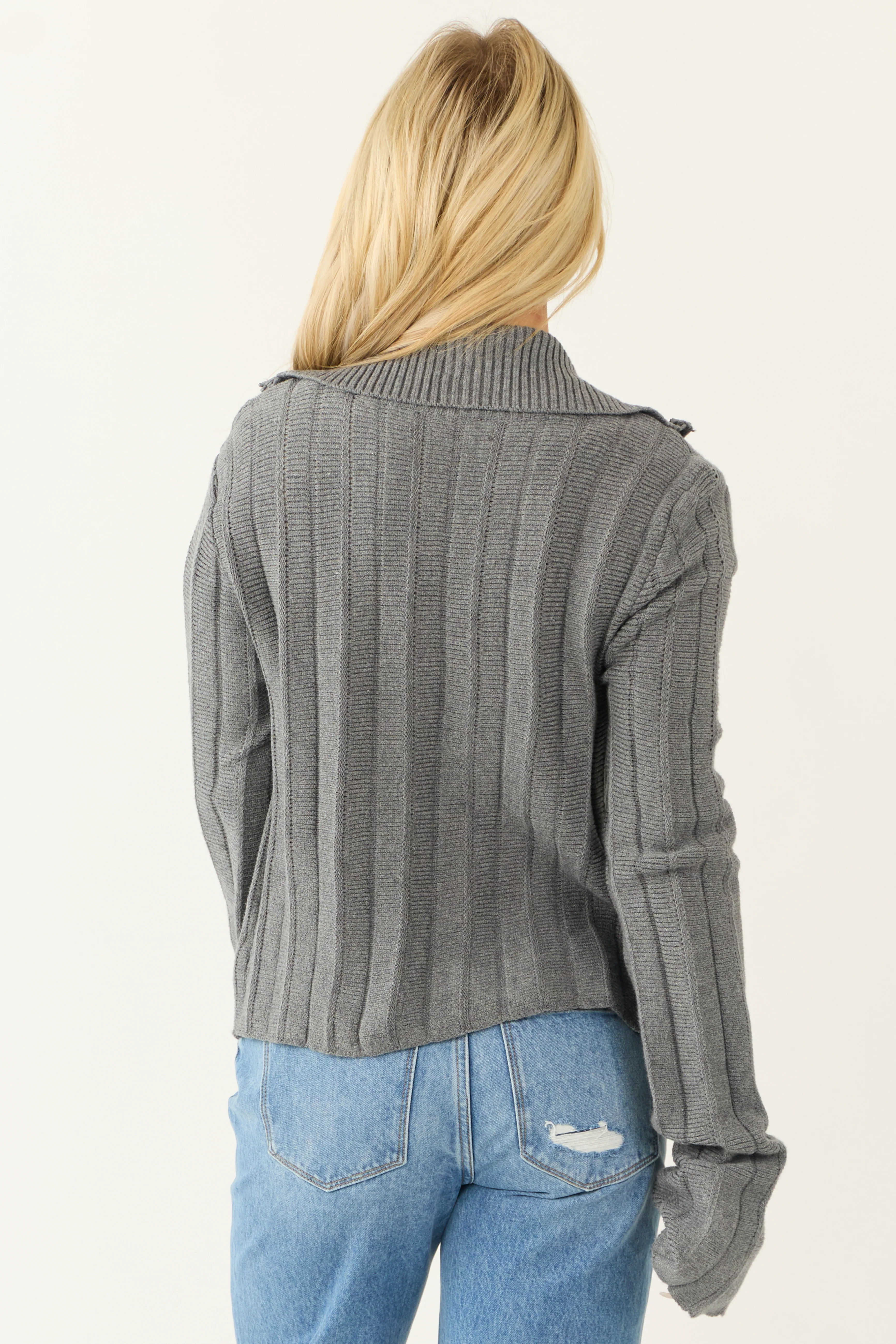 Steel Sweater Knit Zip Up Long Sleeve Jacket - Image 7