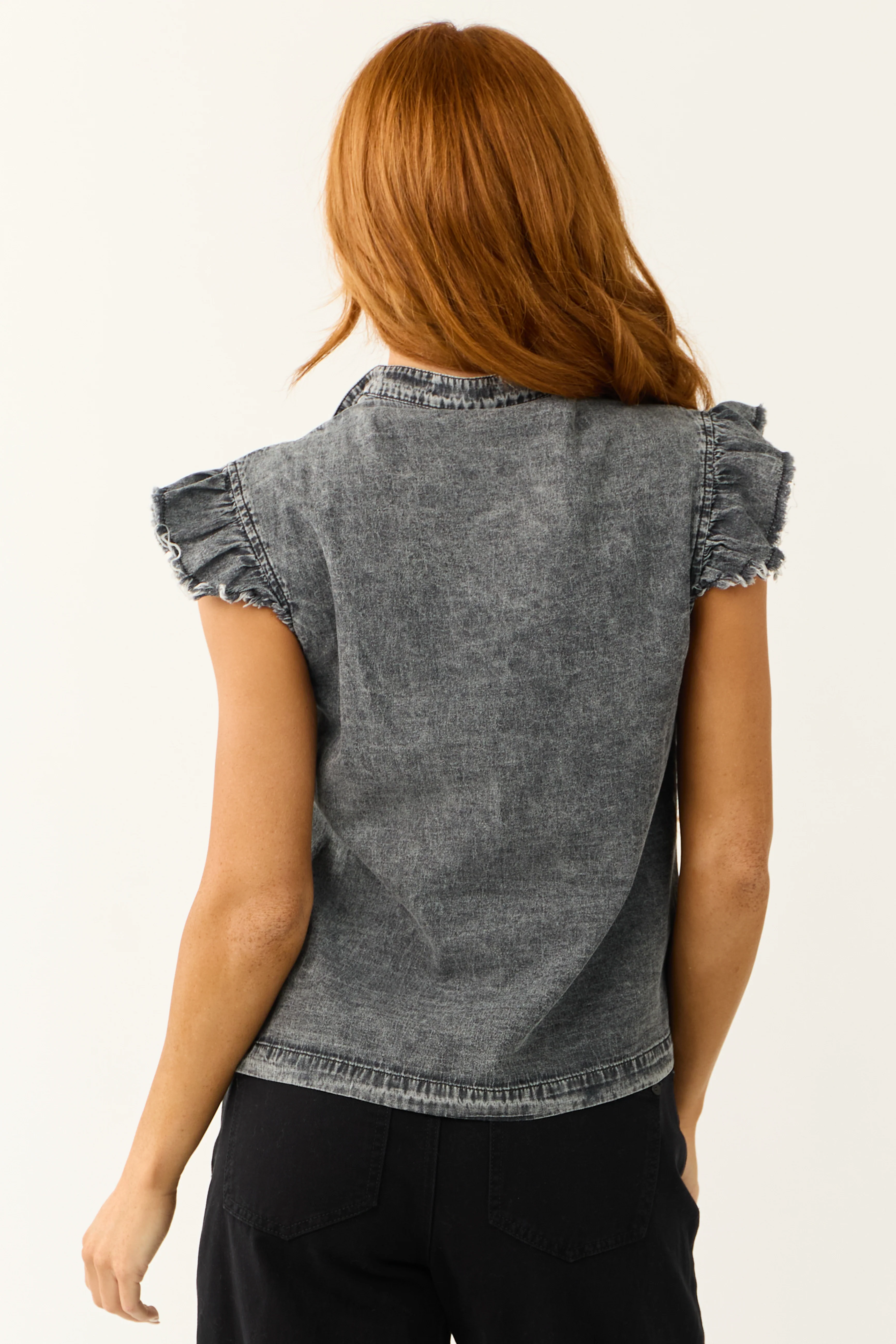 Stormy Grey Short Ruffle Sleeve Babydoll Top - Image 7