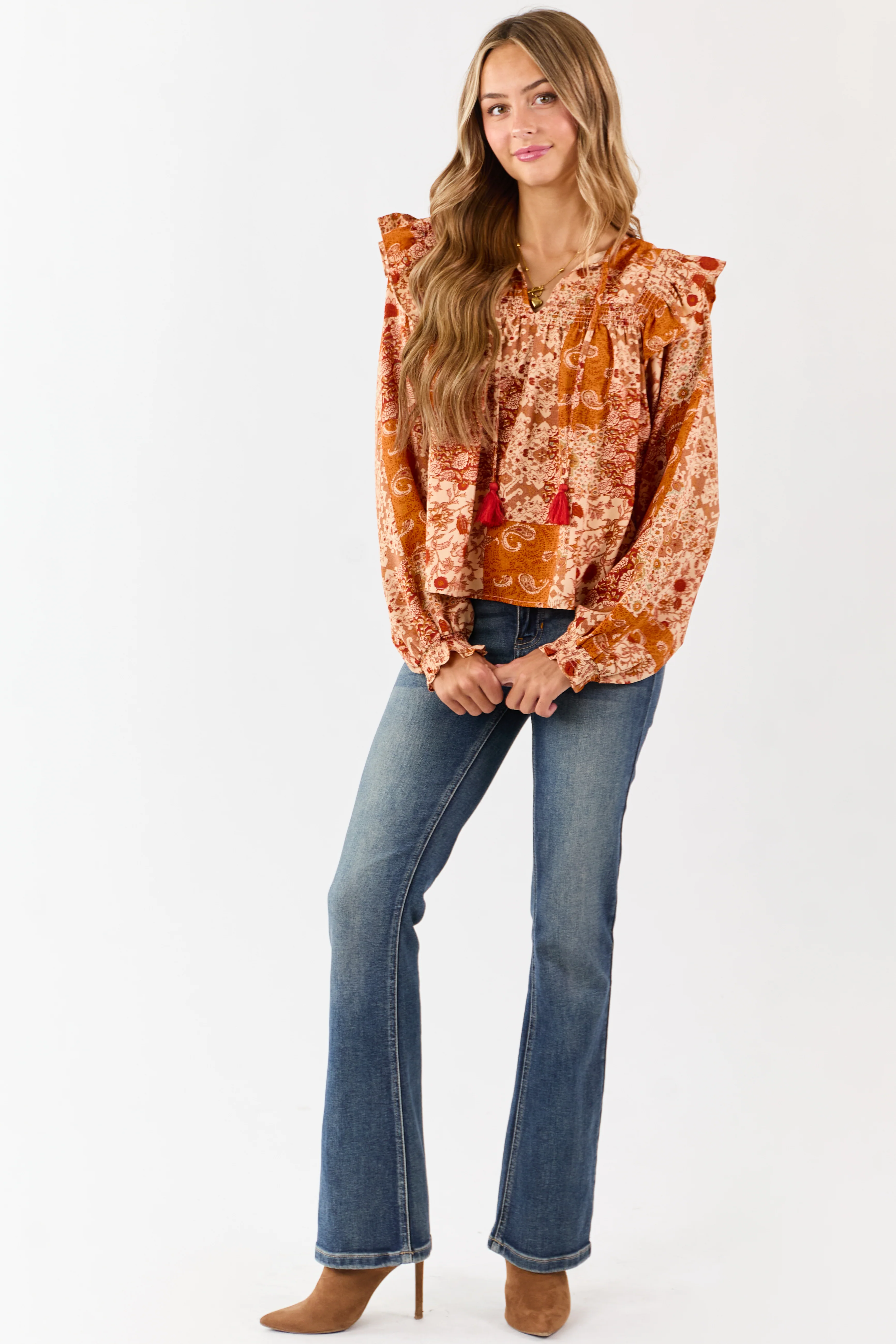 Sunrise Boho Paisley Patchwork Ruffled Cotton Blouse - Image 2
