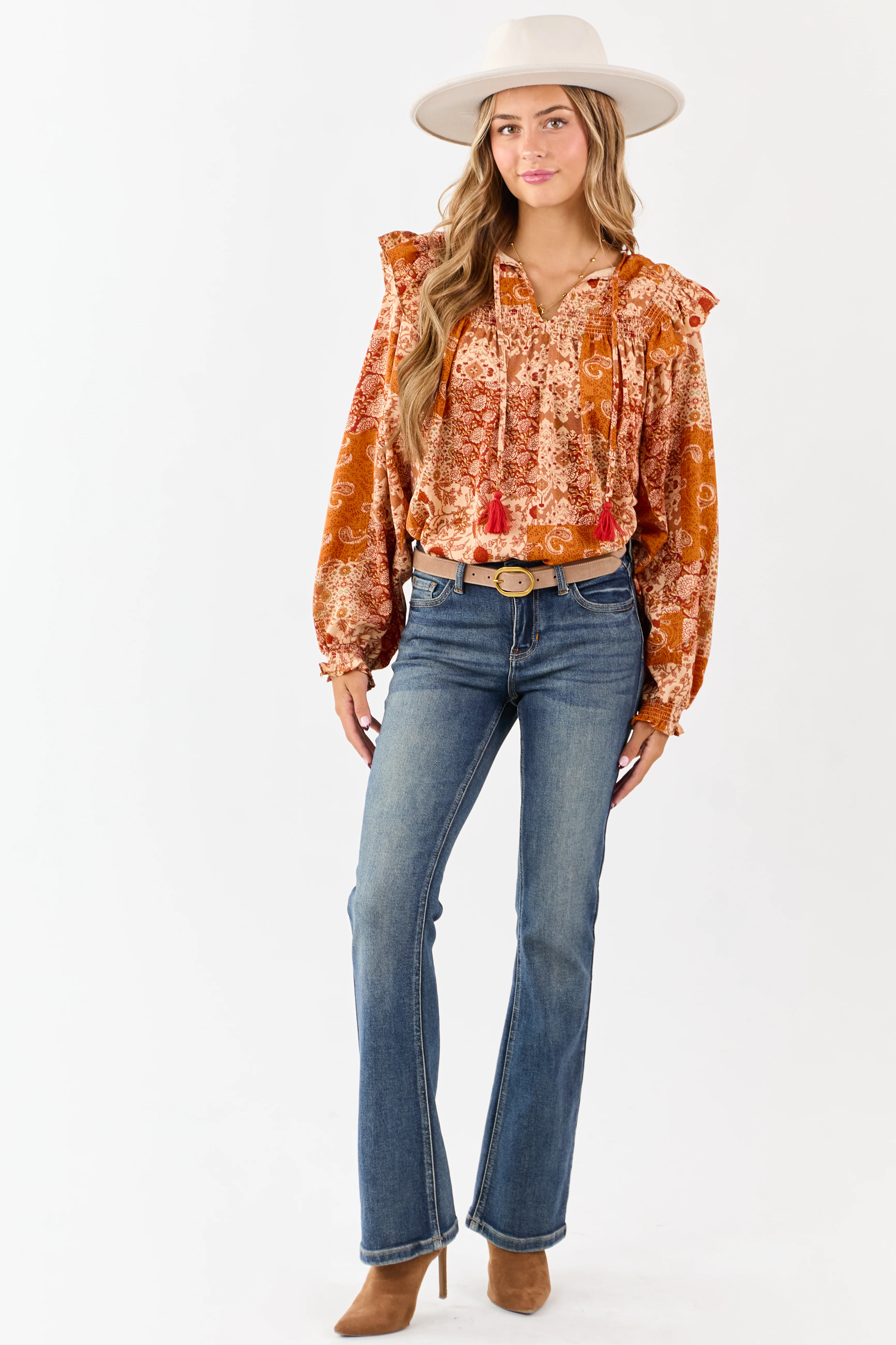 Sunrise Boho Paisley Patchwork Ruffled Cotton Blouse - Image 3