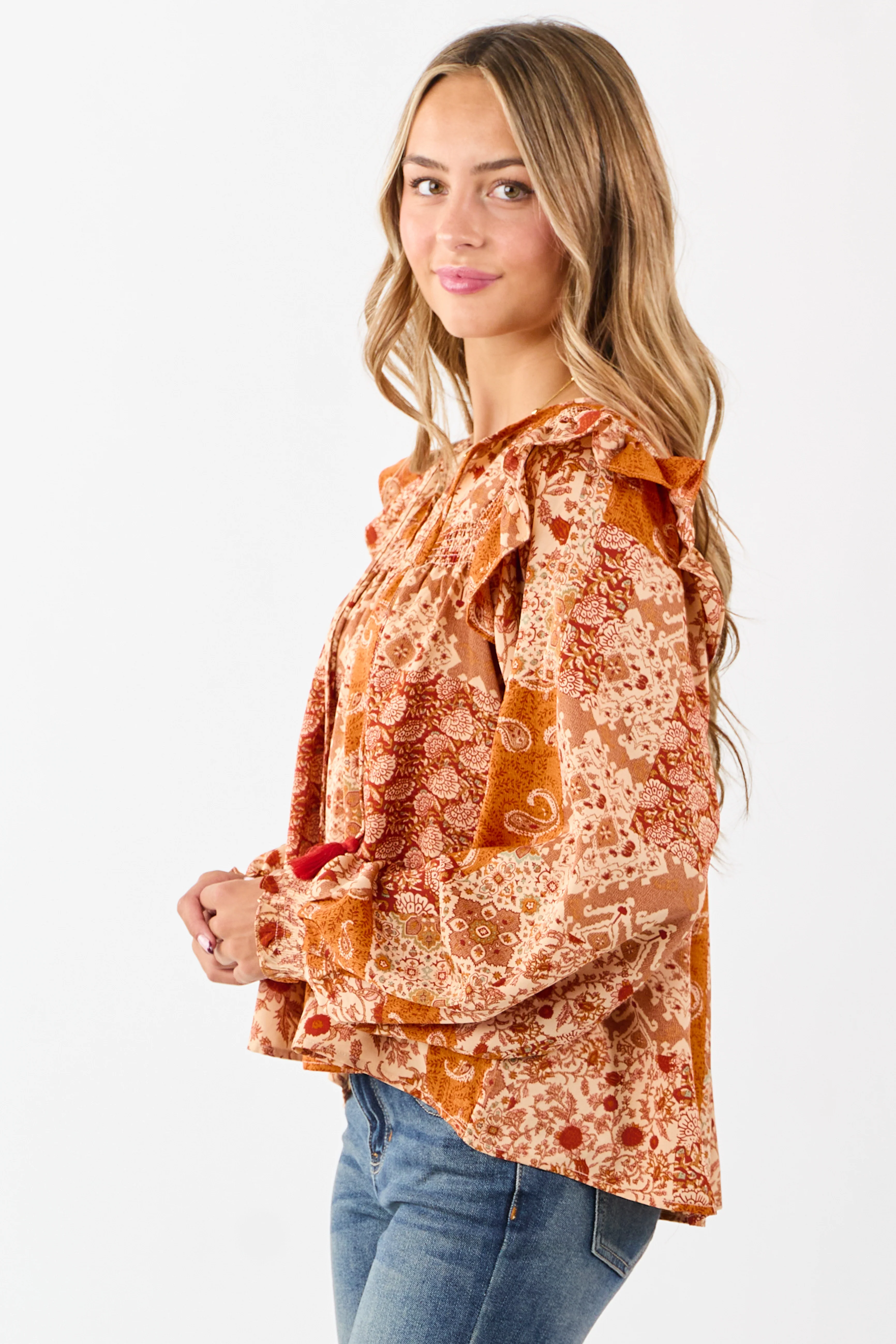 Sunrise Boho Paisley Patchwork Ruffled Cotton Blouse - Image 4
