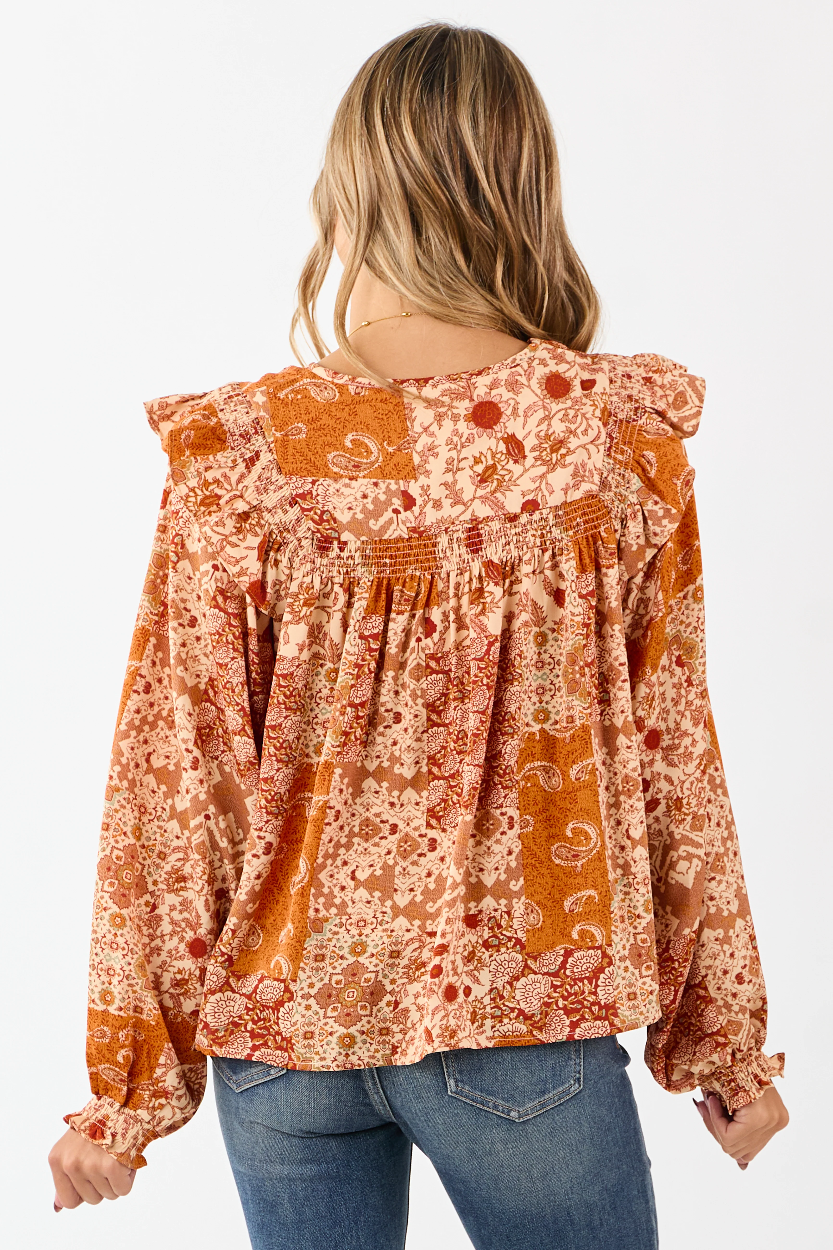 Sunrise Boho Paisley Patchwork Ruffled Cotton Blouse - Image 5