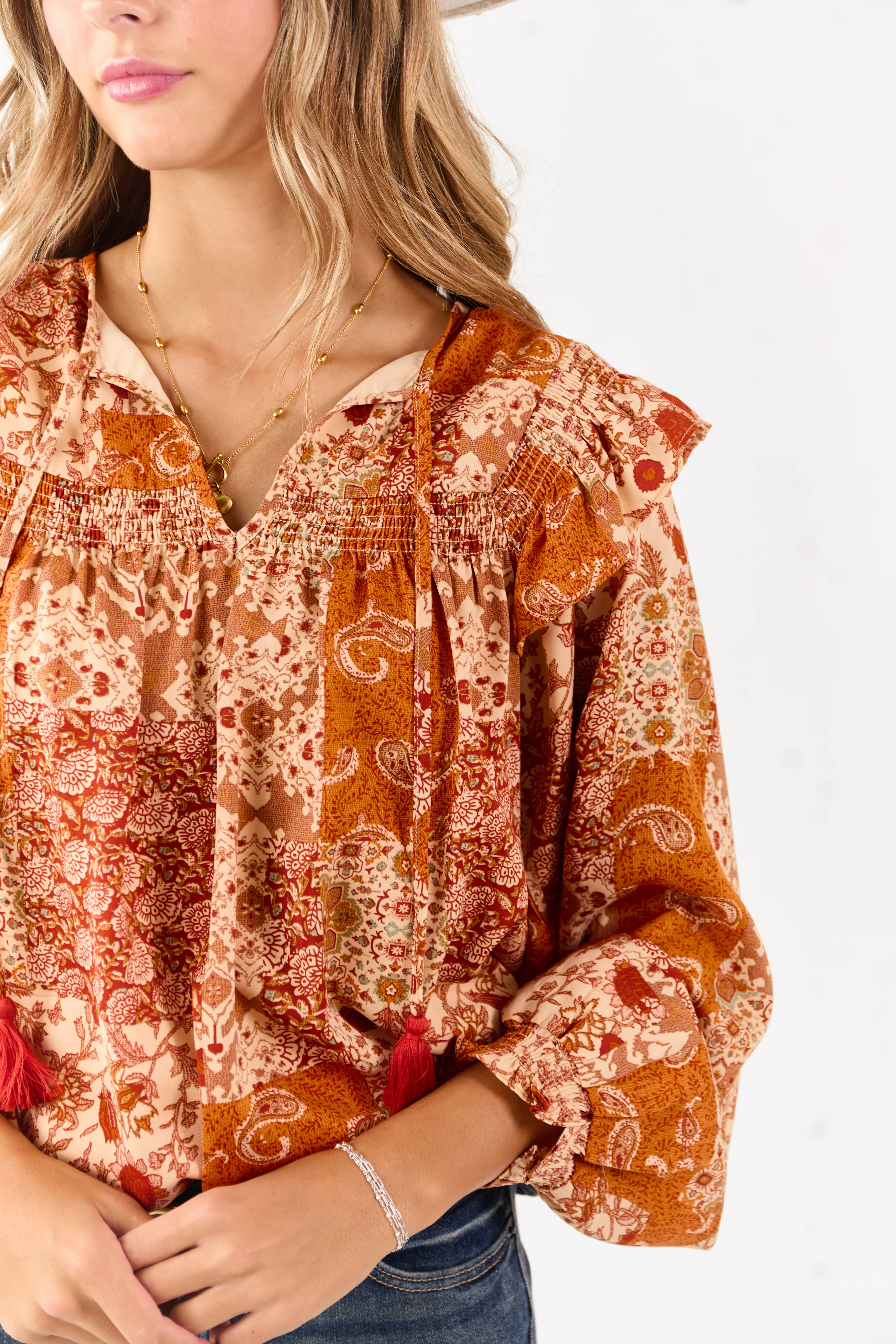 Sunrise Boho Paisley Patchwork Ruffled Cotton Blouse - Image 6