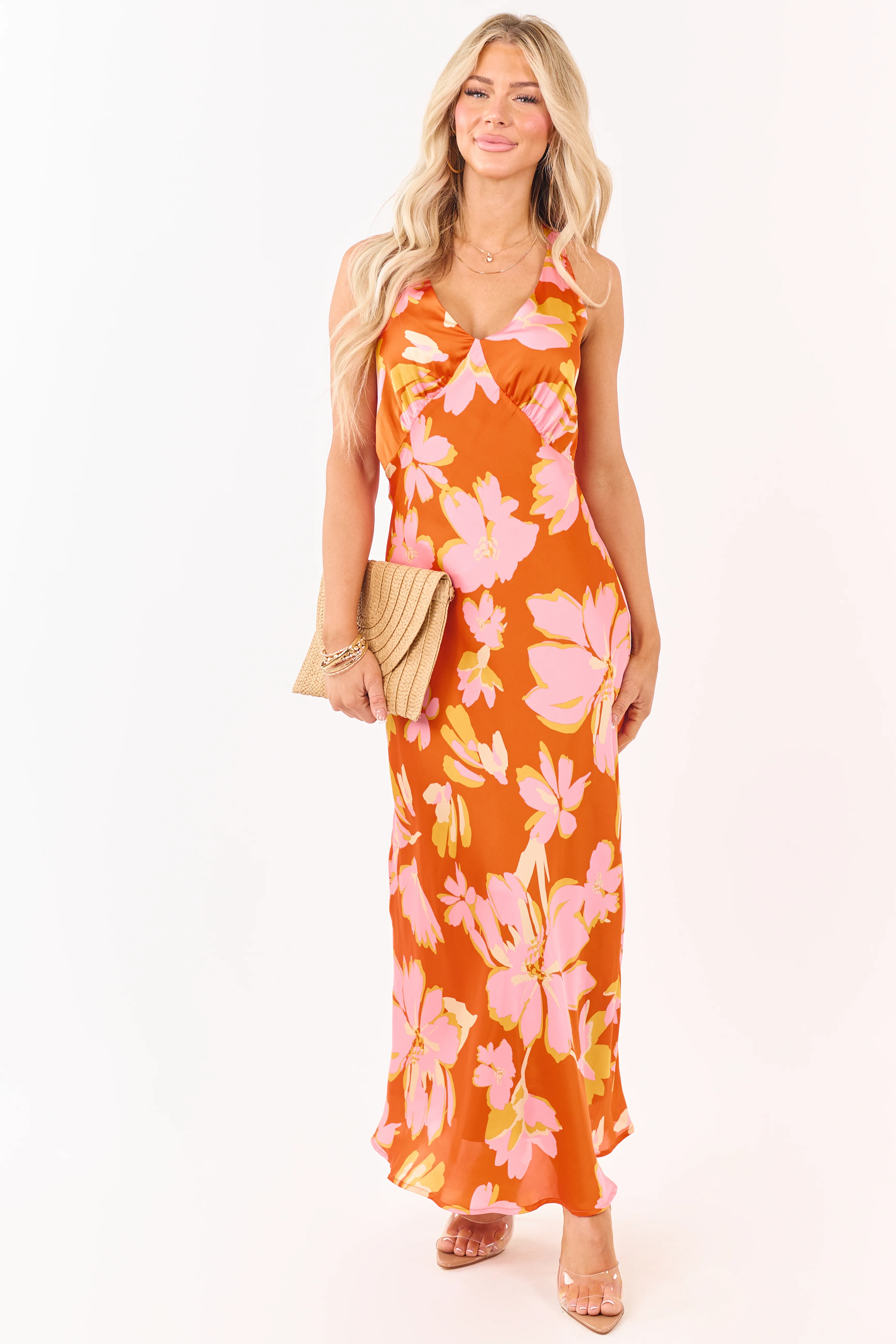 Sunset Floral Print Satin V-Neck Maxi Dress - Image 3