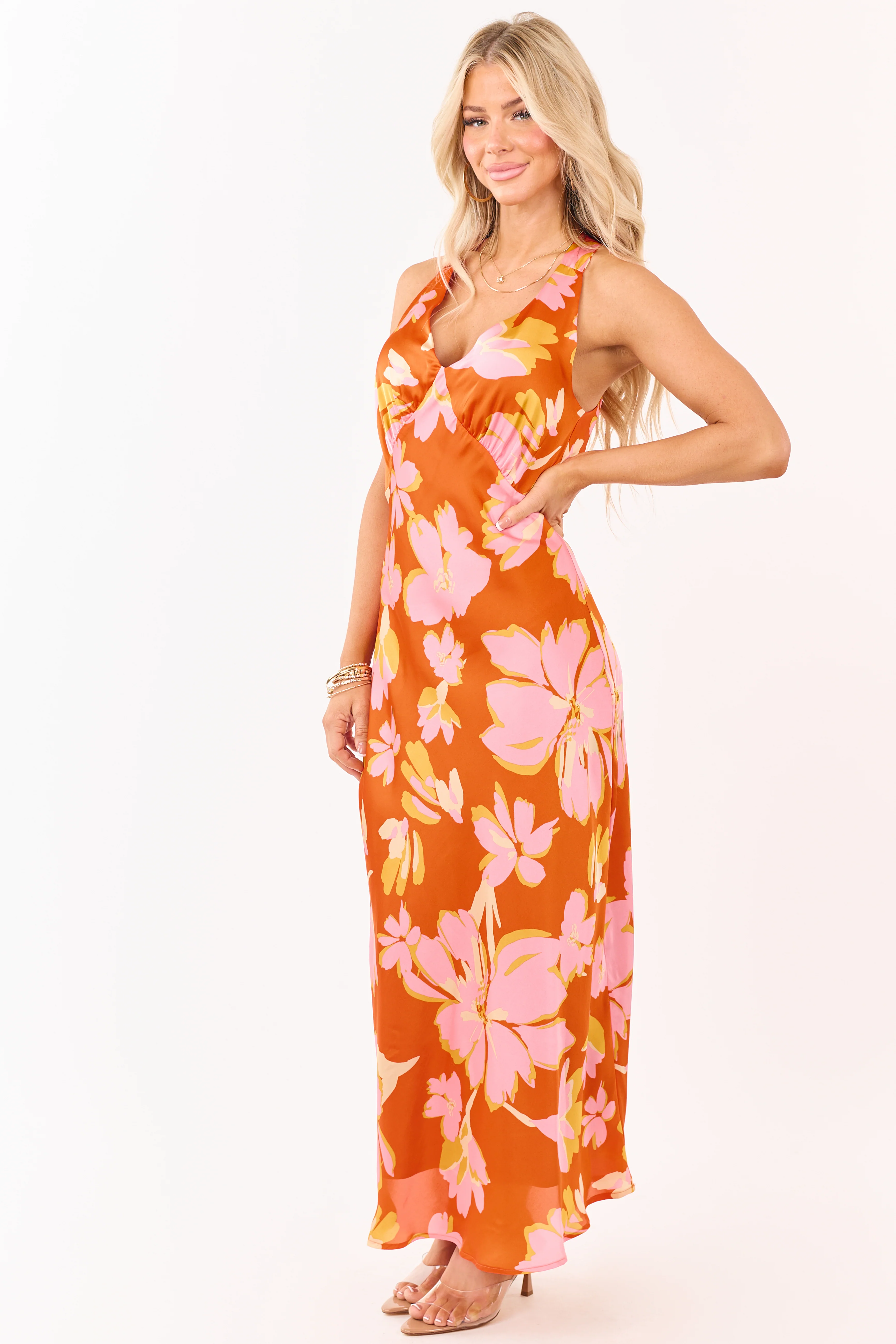 Sunset Floral Print Satin V-Neck Maxi Dress - Image 4