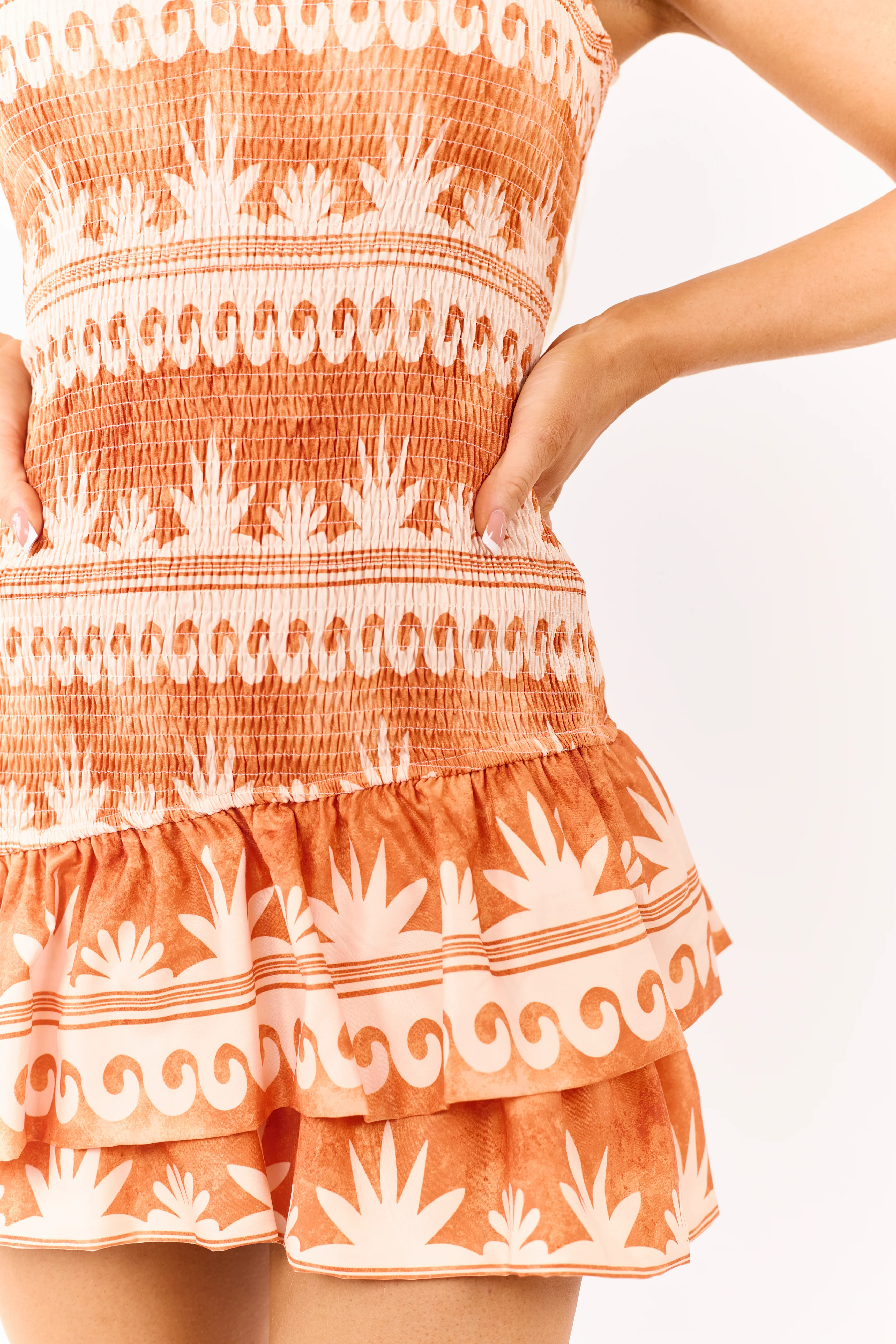Sunset Smocked Tropical Print Halter Mini Dress - Image 6