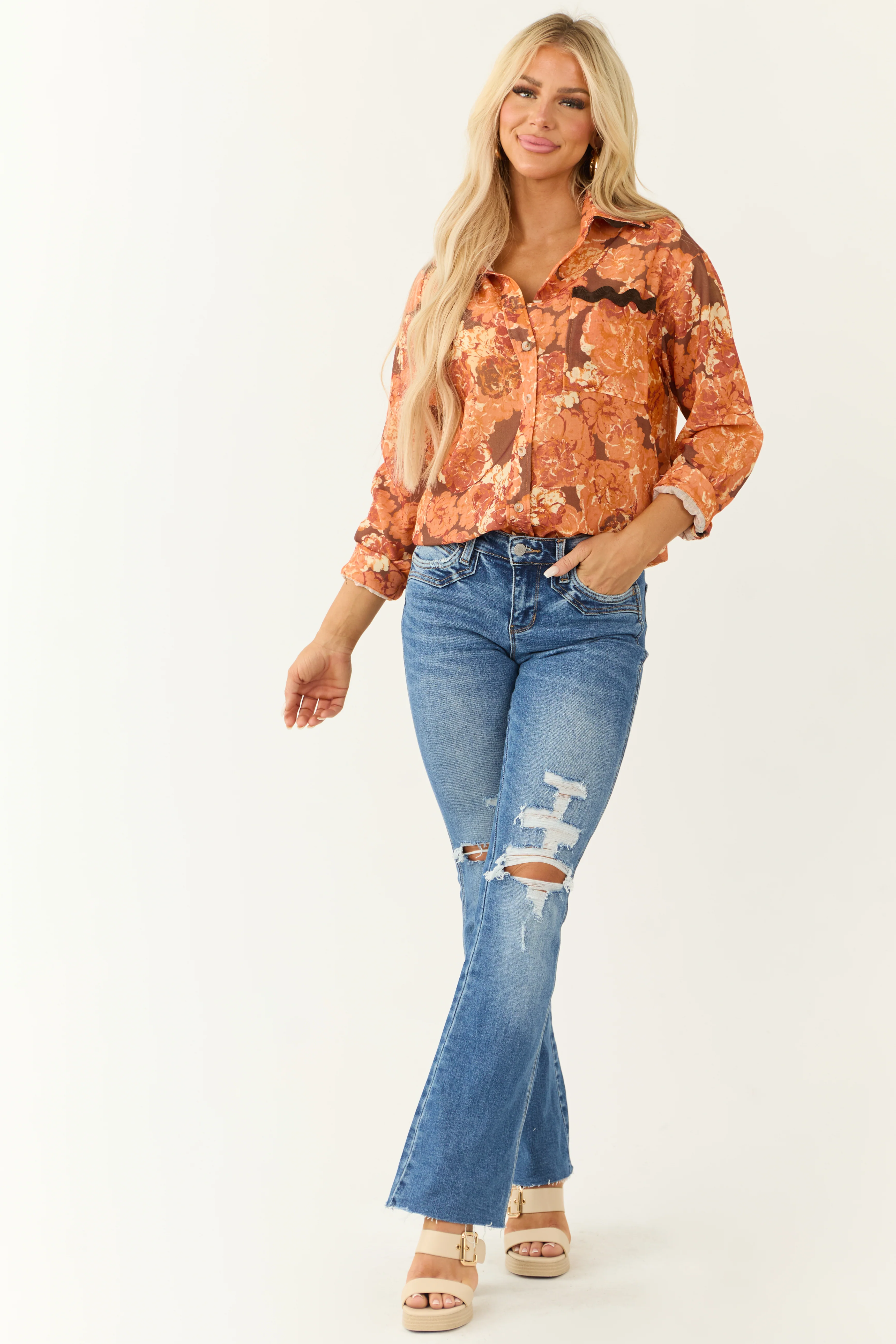 Tangerine Embroidery Trim Floral Pocket Blouse - Image 3