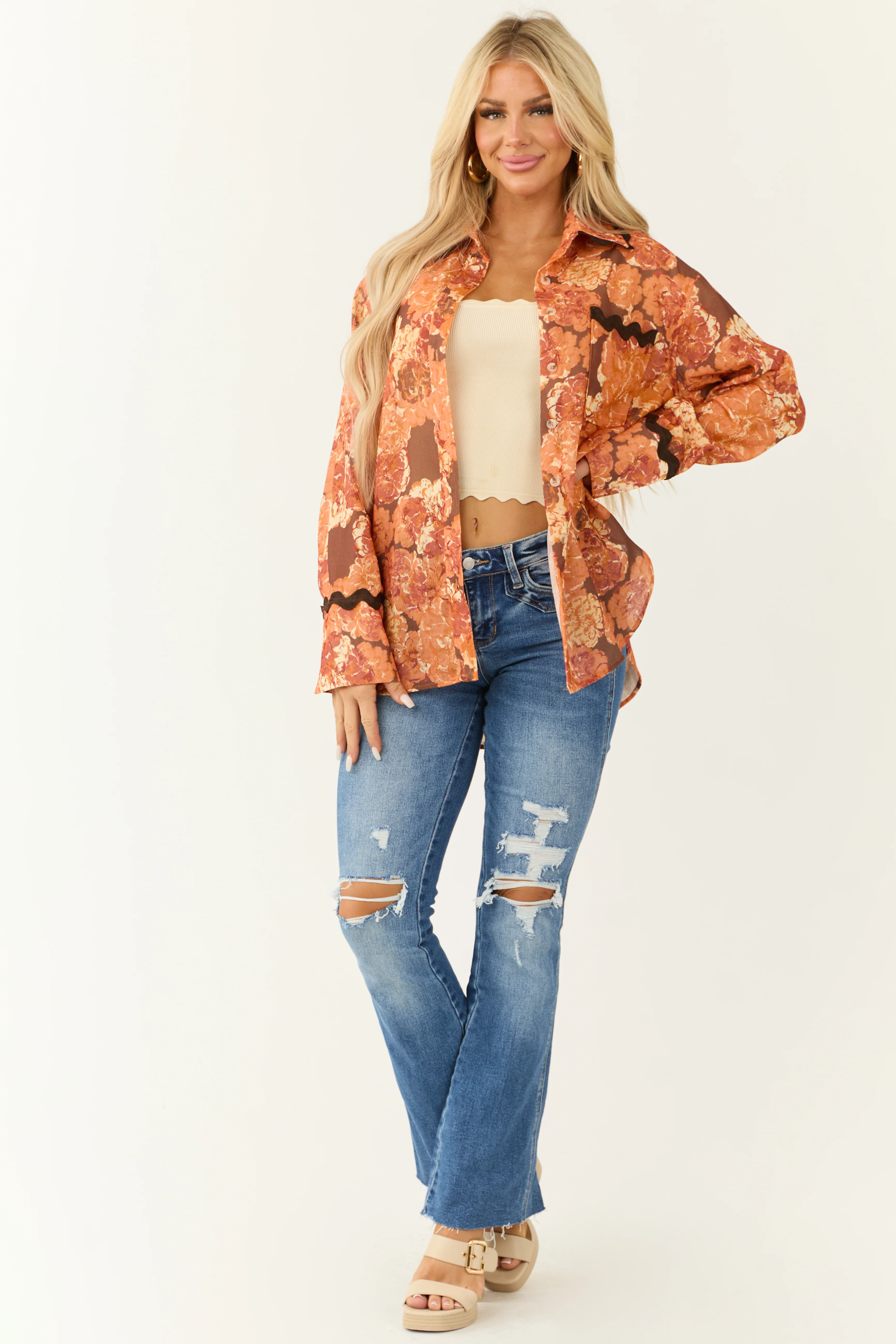 Tangerine Embroidery Trim Floral Pocket Blouse - Image 4