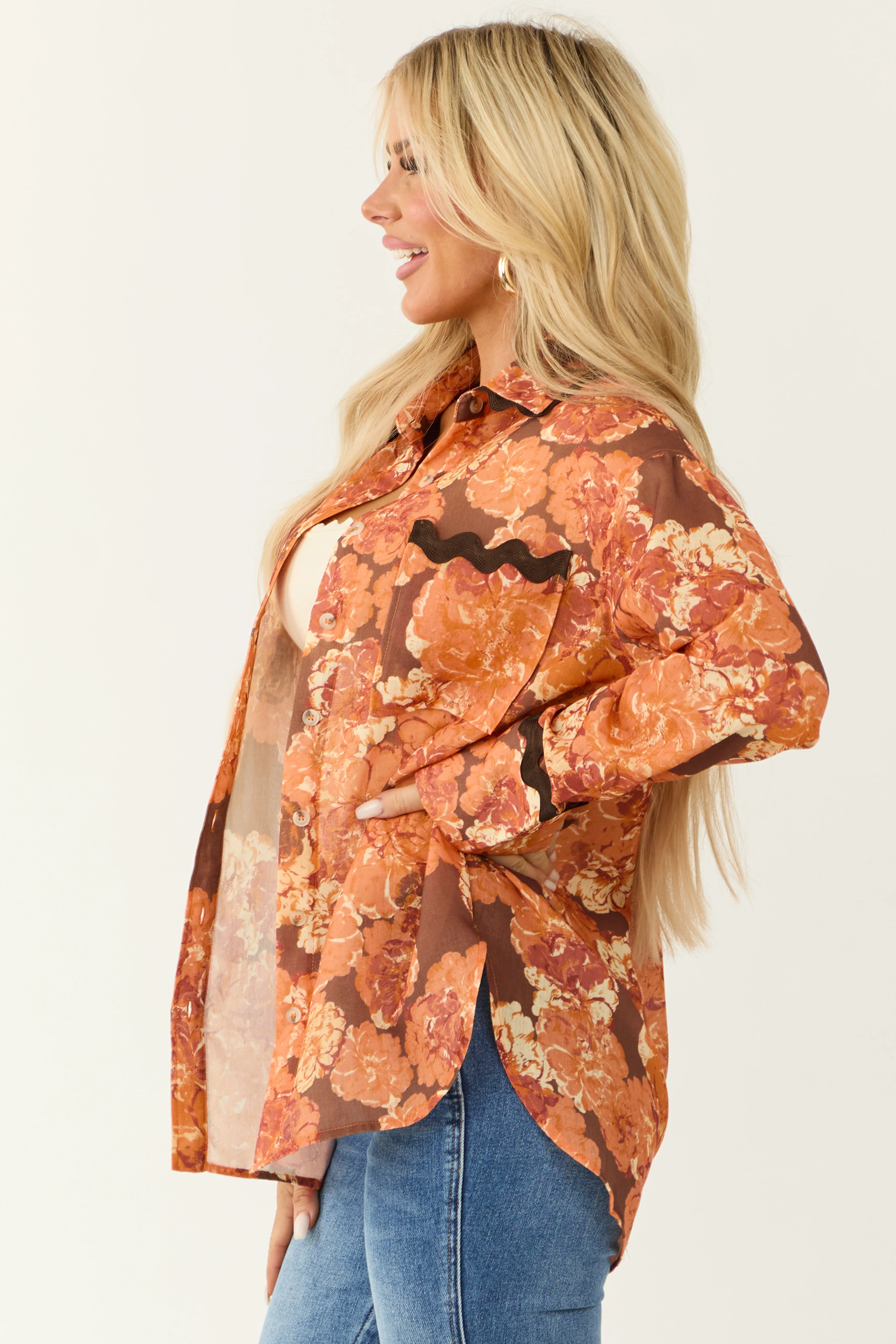 Tangerine Embroidery Trim Floral Pocket Blouse - Image 5