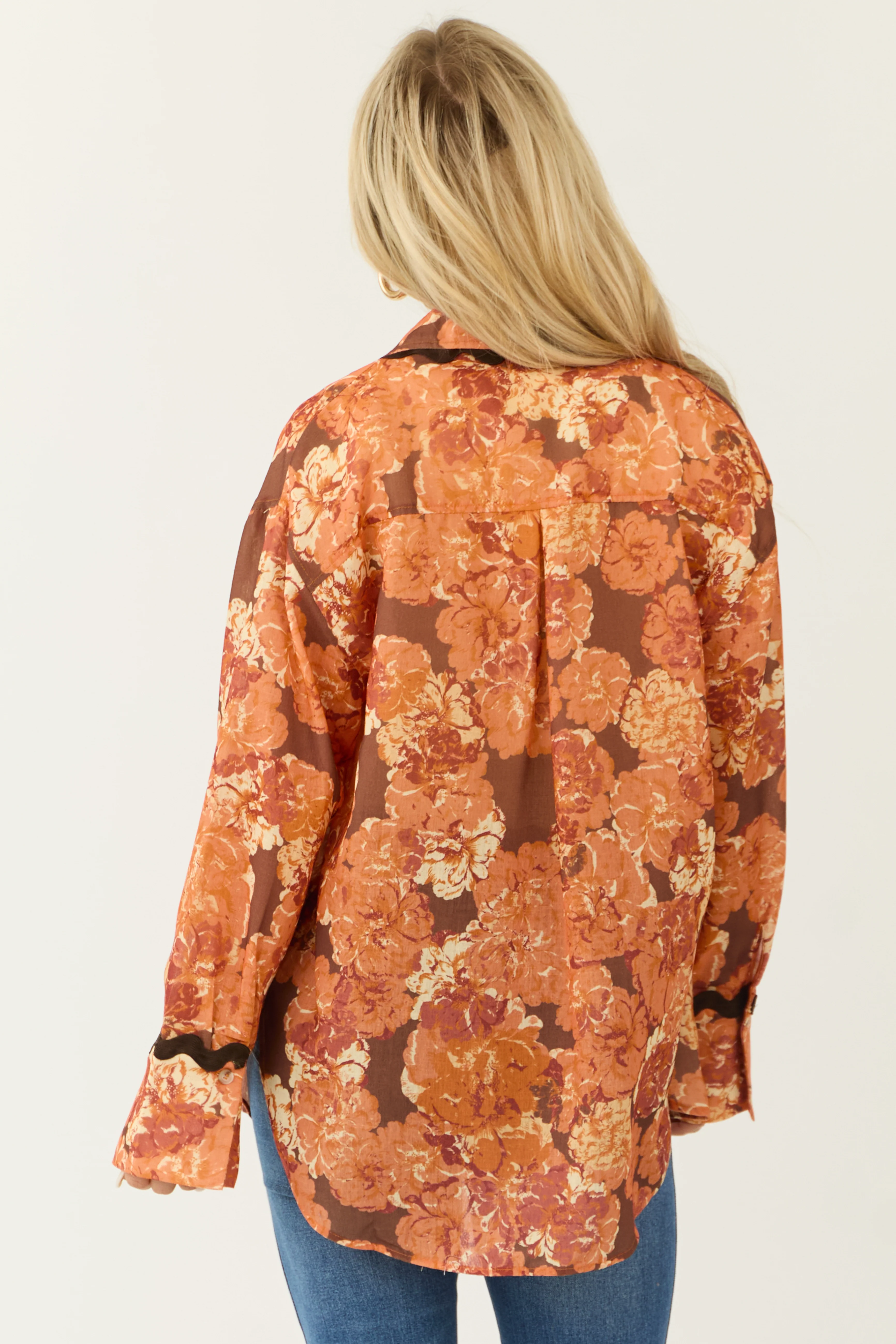 Tangerine Embroidery Trim Floral Pocket Blouse - Image 6