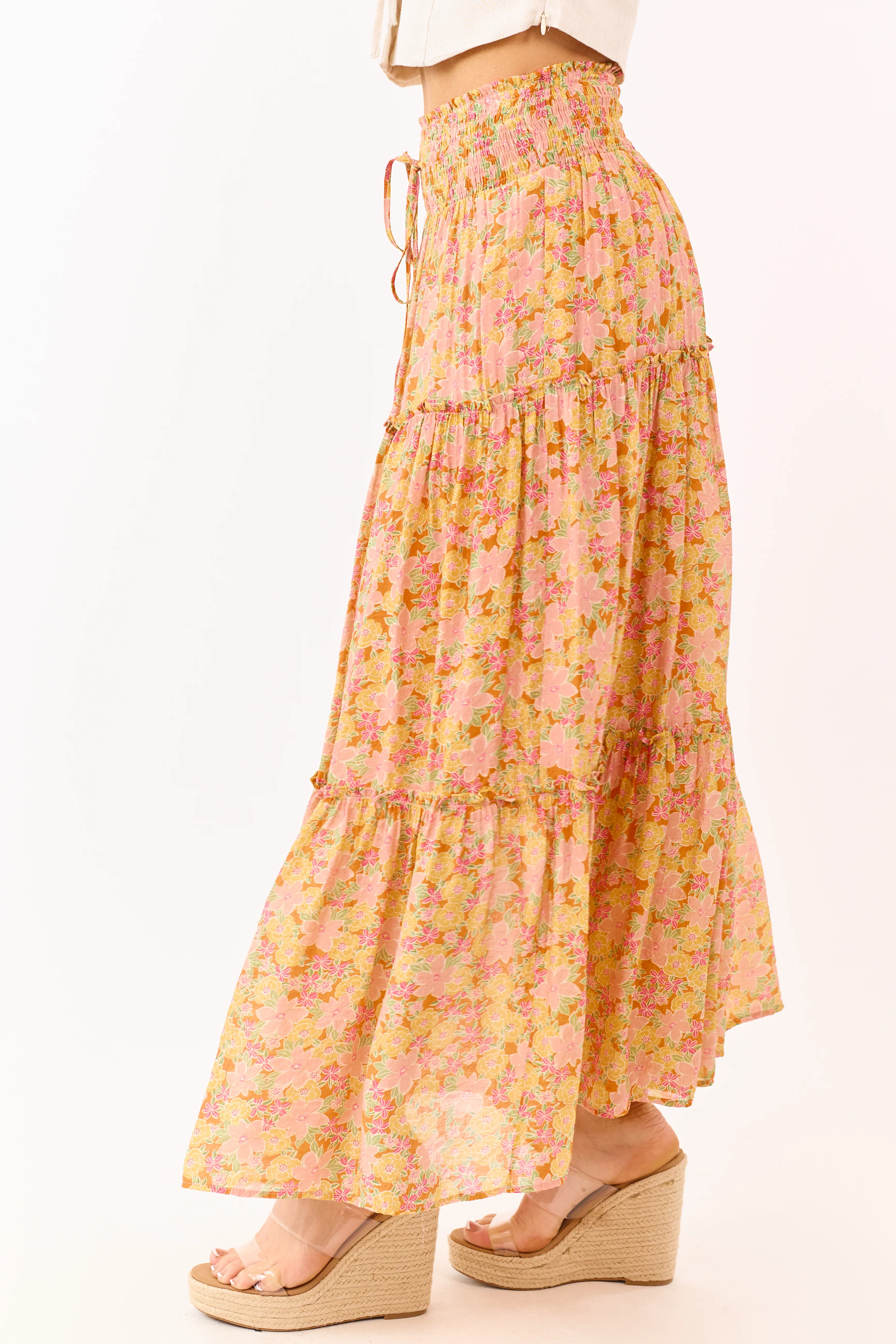 Tangerine Floral Print Tiered Maxi Skirt - Image 3
