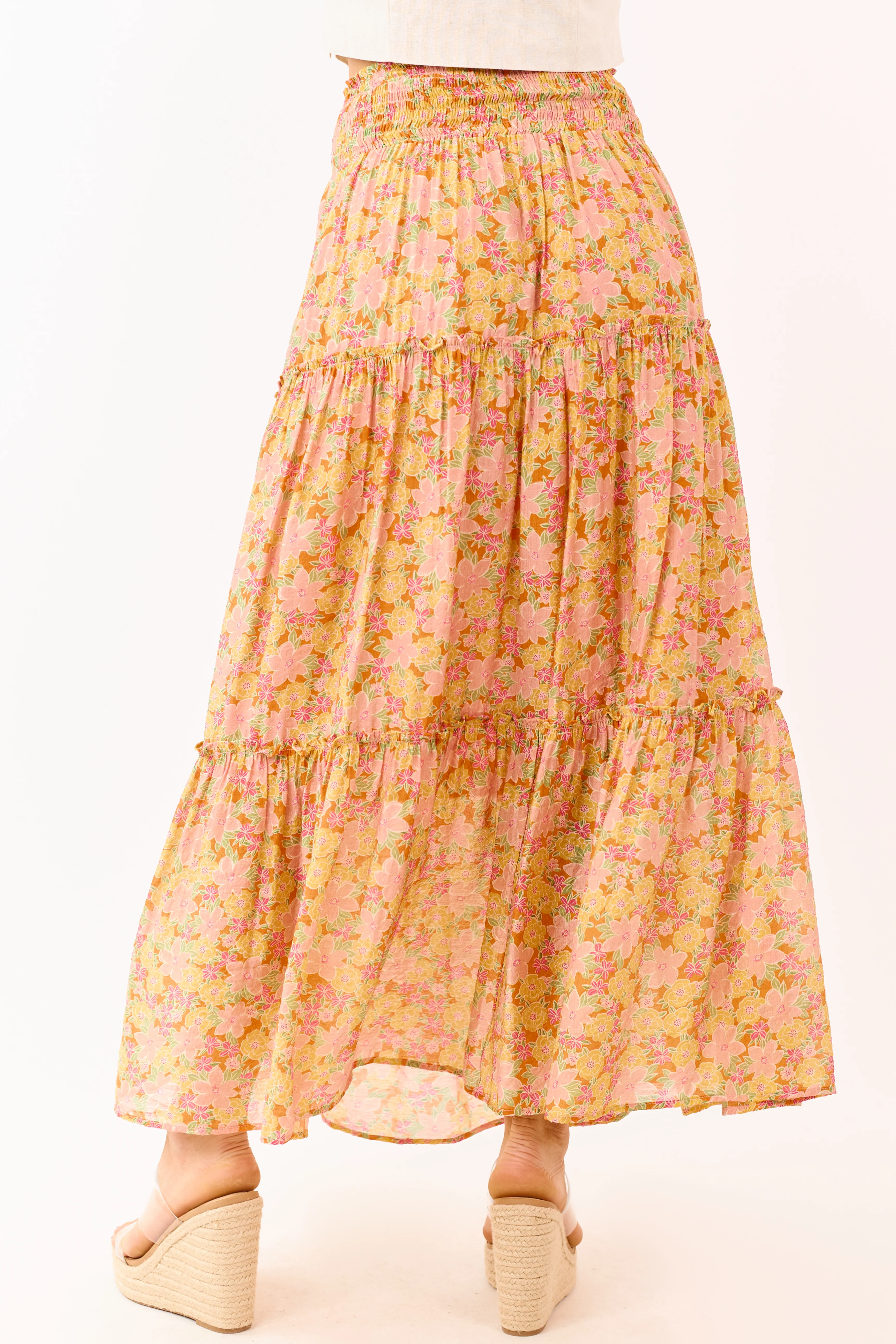 Tangerine Floral Print Tiered Maxi Skirt - Image 4