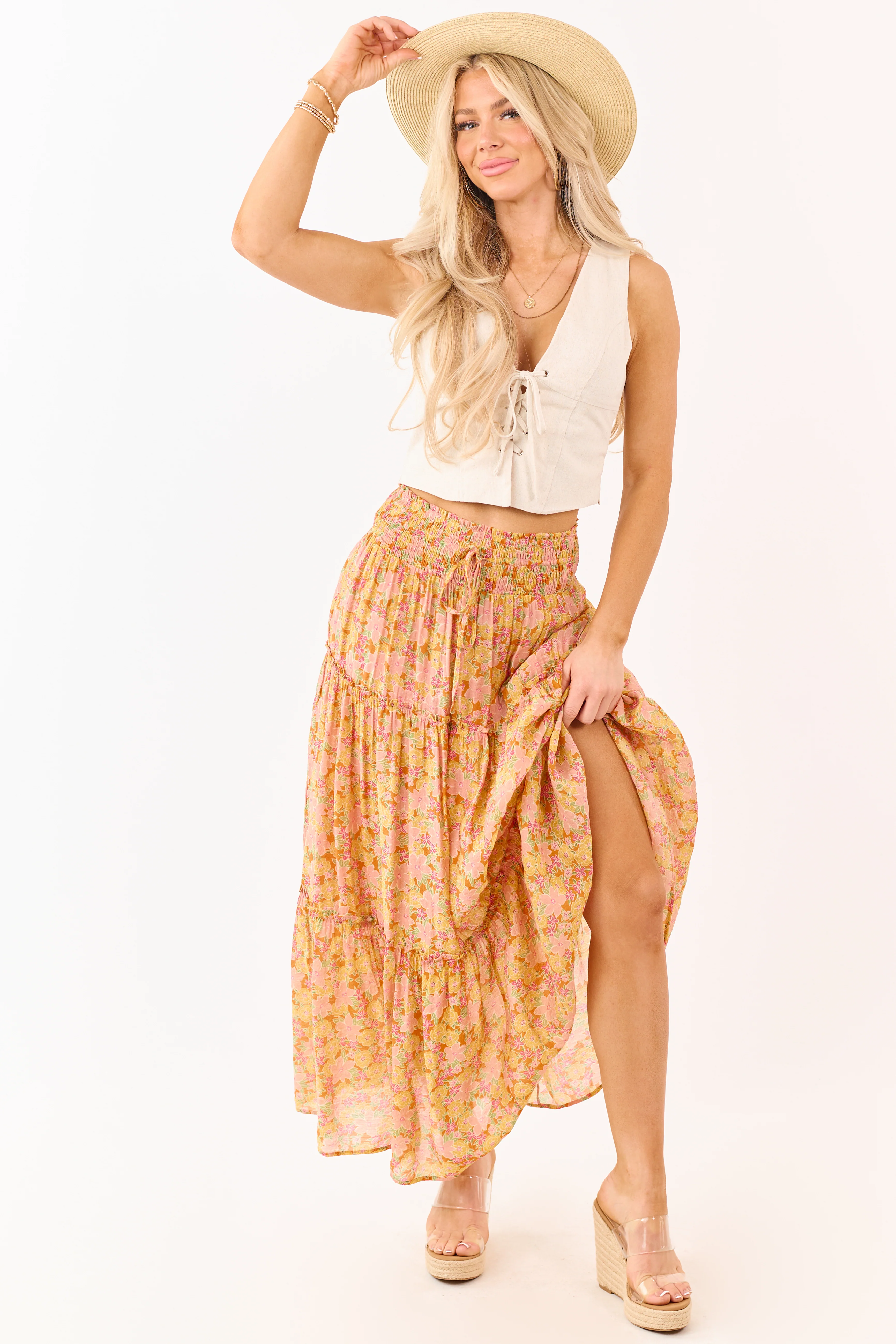 Tangerine Floral Print Tiered Maxi Skirt - Image 5