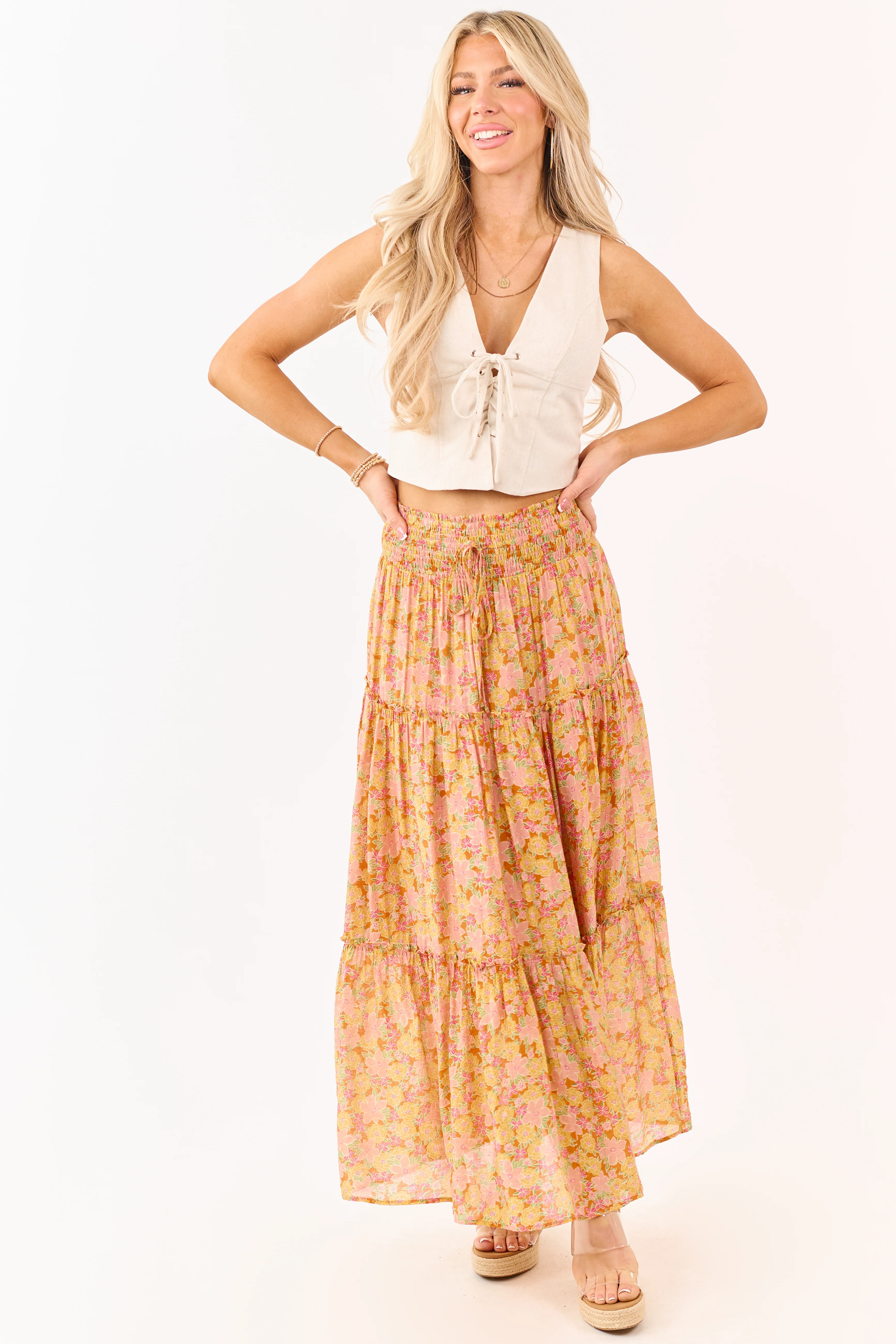 Tangerine Floral Print Tiered Maxi Skirt - Image 6