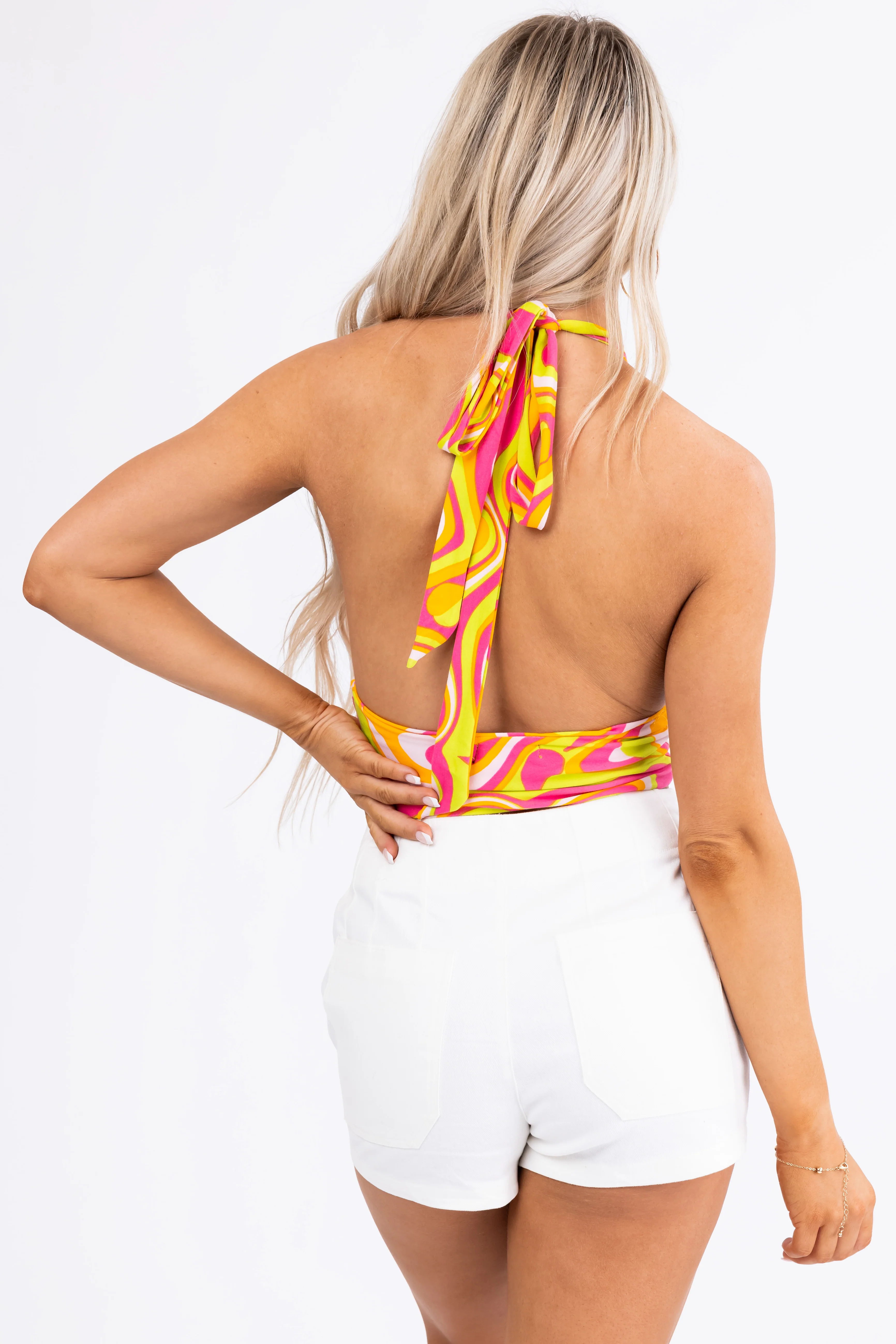 Tangerine and Magenta Groovy Halter Crop Top - Image 6