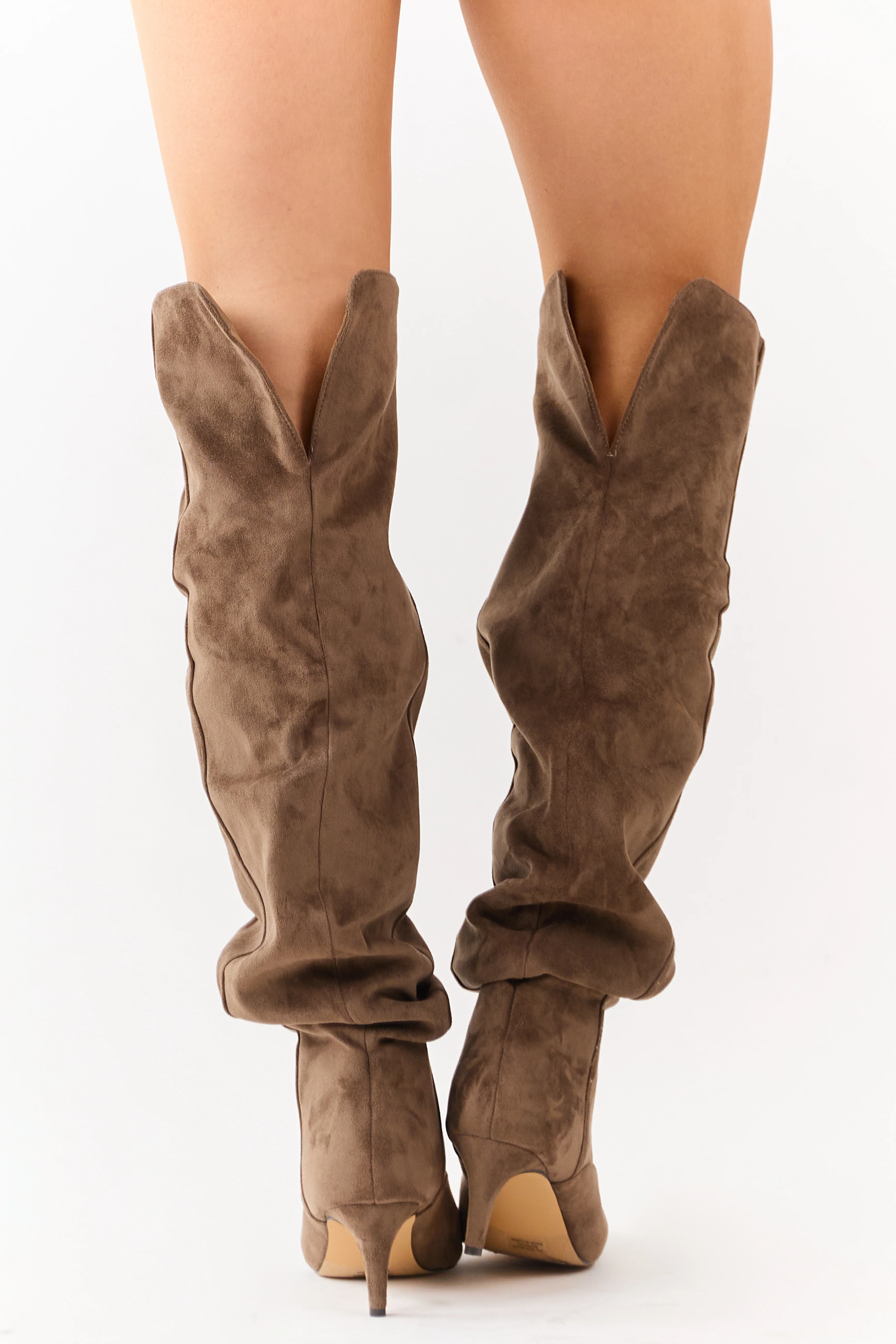 Taupe Faux Suede Low Stiletto Heel Slouchy Boots - Image 3