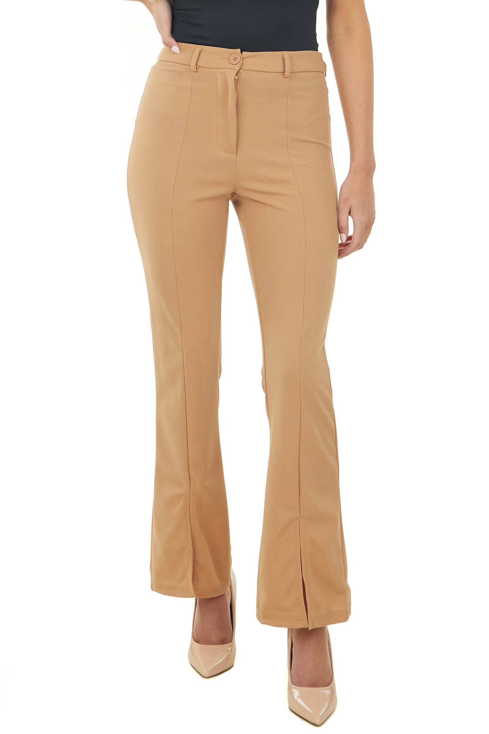 Taupe High Waisted Flare Front Split Pants - Image 2