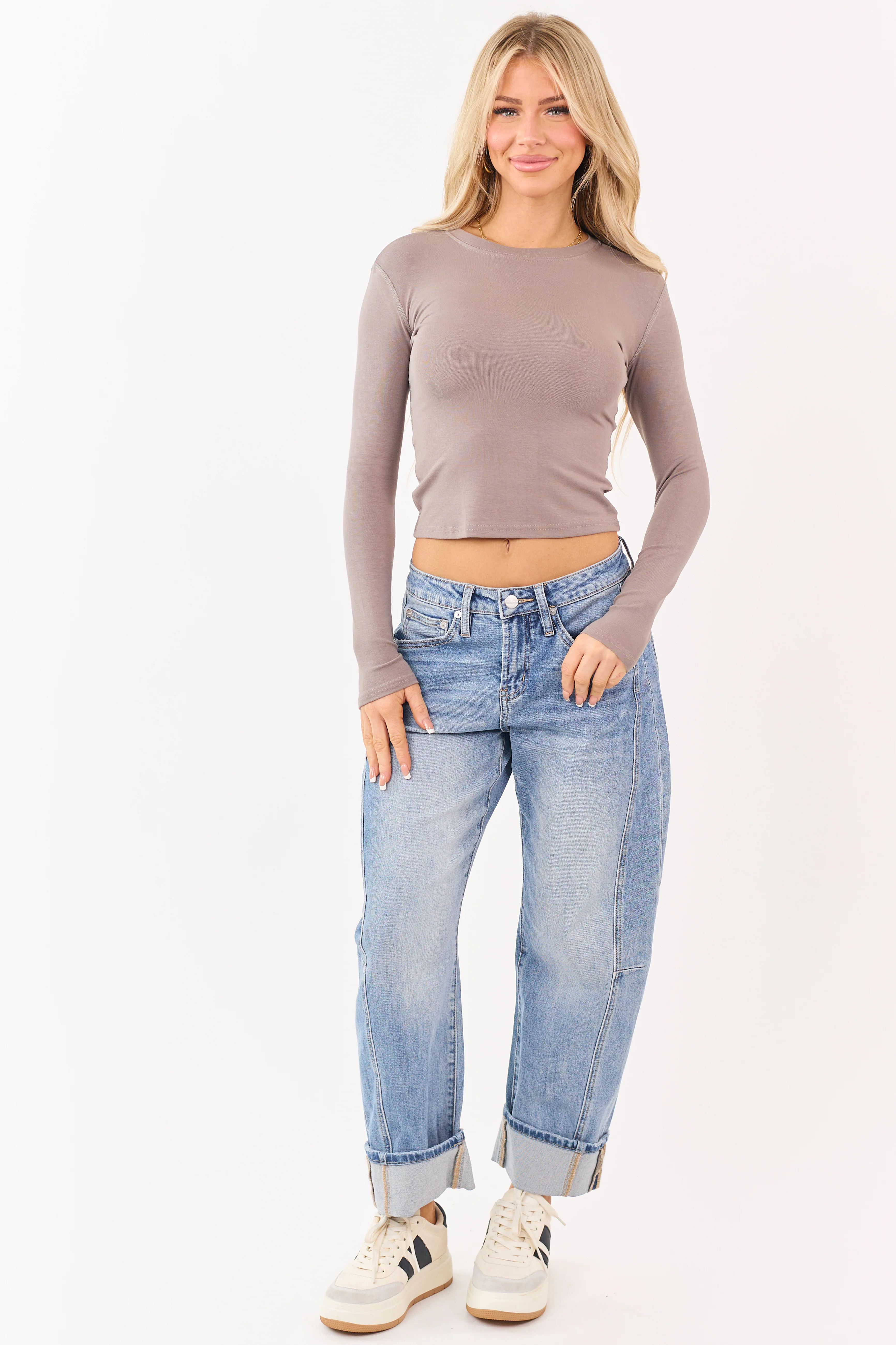 Taupe Long Sleeve Crew Neck Cotton Knit Top - Image 2