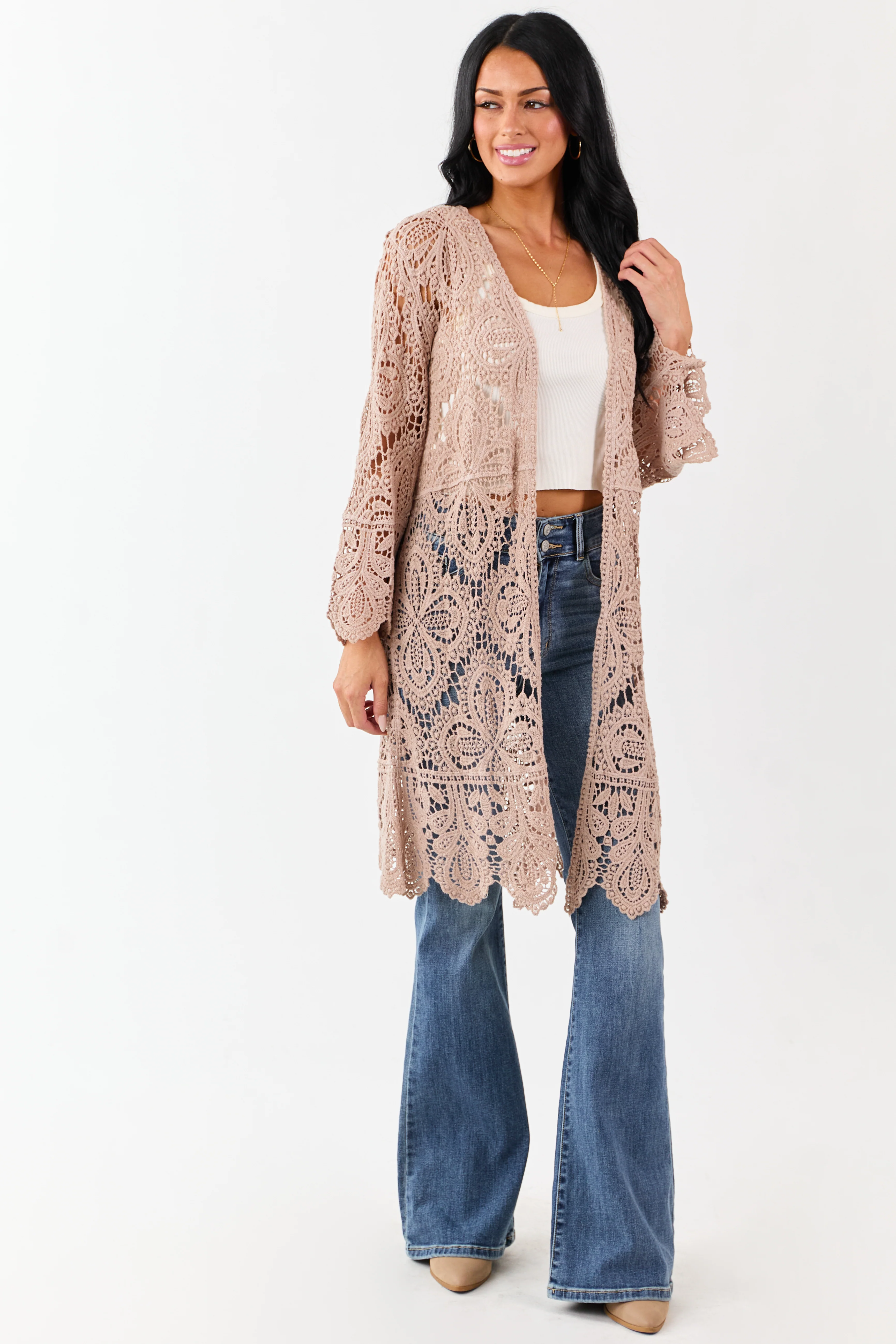 Taupe Open Crochet Bell Sleeve Cotton Duster Cardigan - Image 2