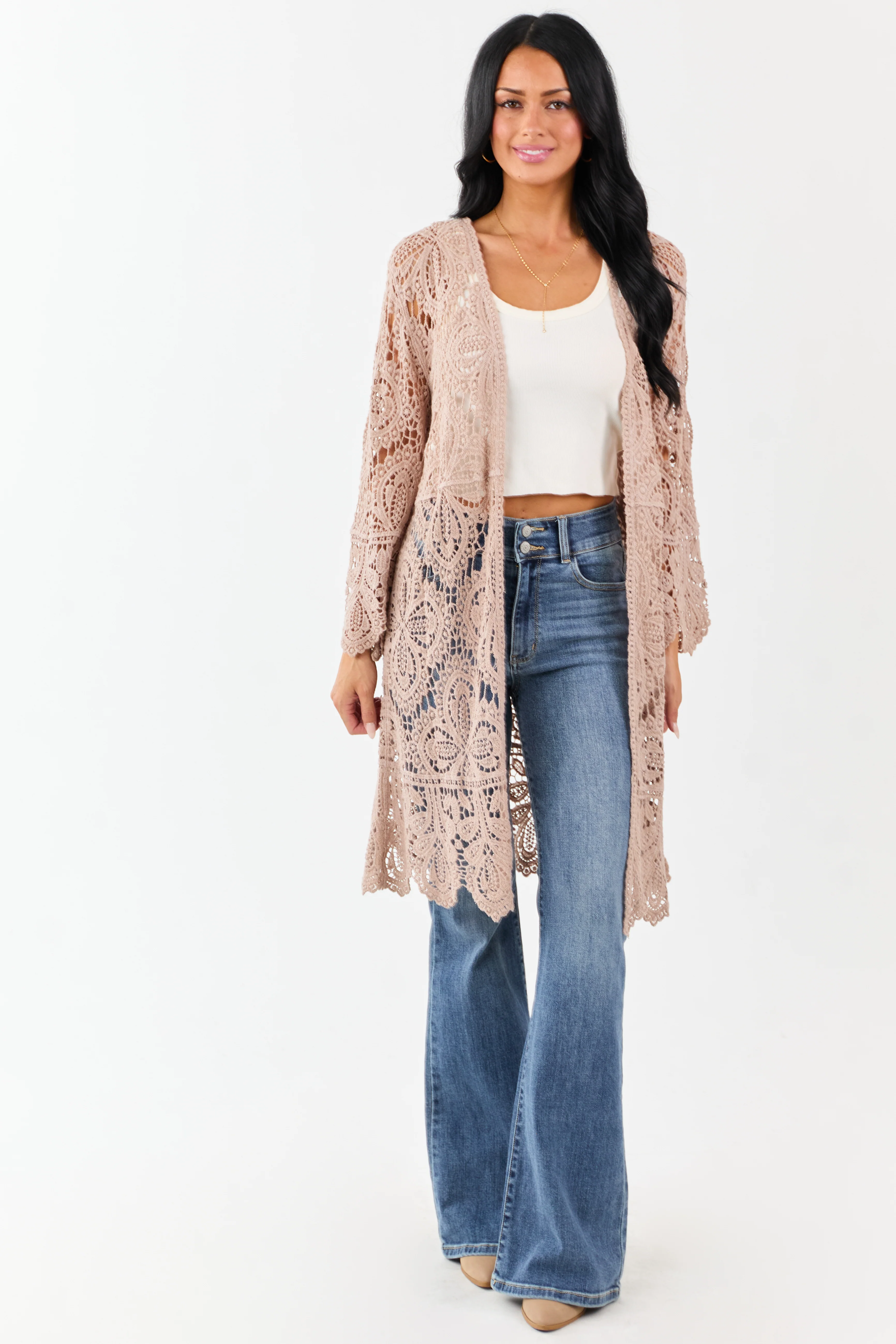 Taupe Open Crochet Bell Sleeve Cotton Duster Cardigan - Image 3