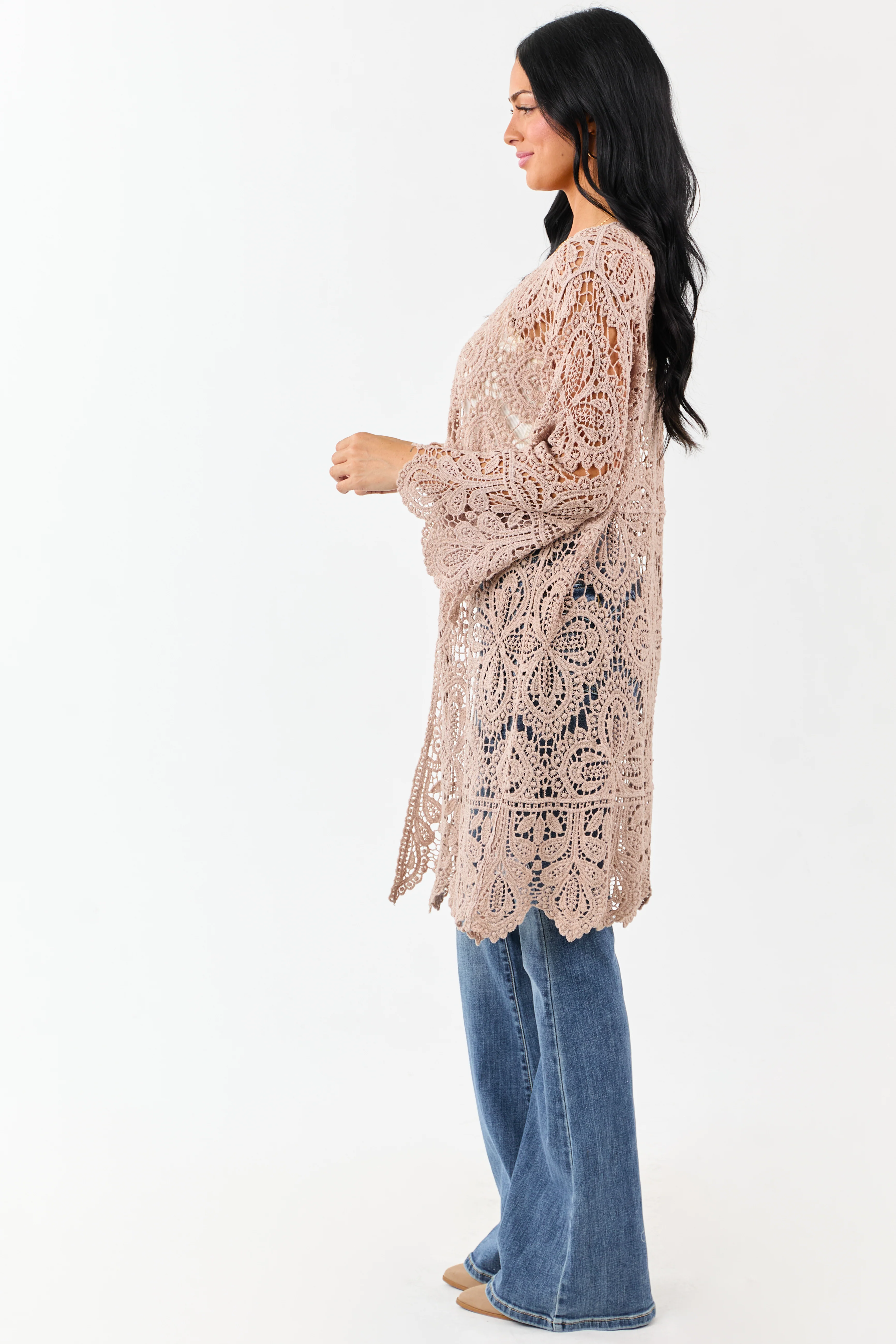 Taupe Open Crochet Bell Sleeve Cotton Duster Cardigan - Image 4