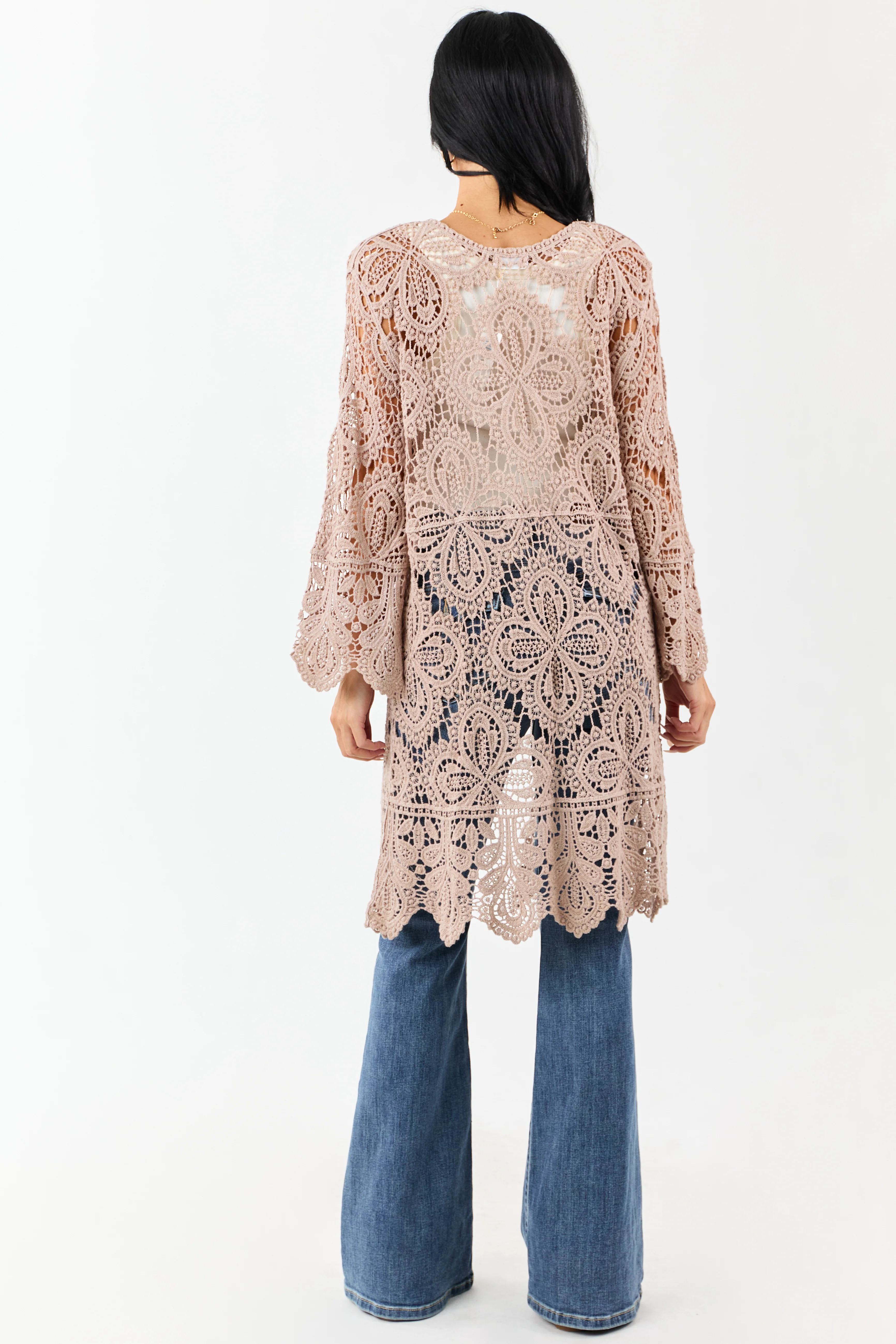 Taupe Open Crochet Bell Sleeve Cotton Duster Cardigan - Image 5