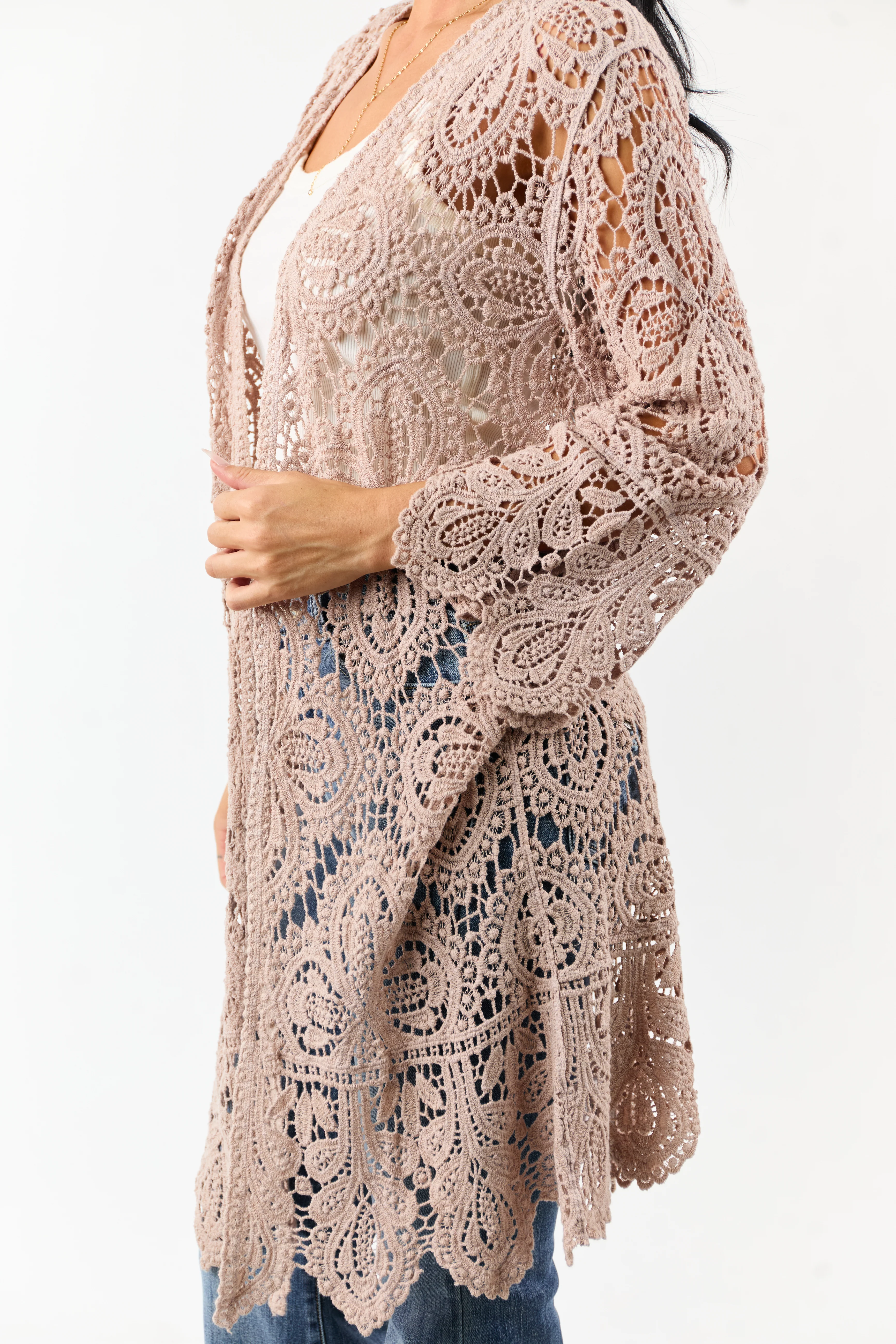 Taupe Open Crochet Bell Sleeve Cotton Duster Cardigan - Image 6