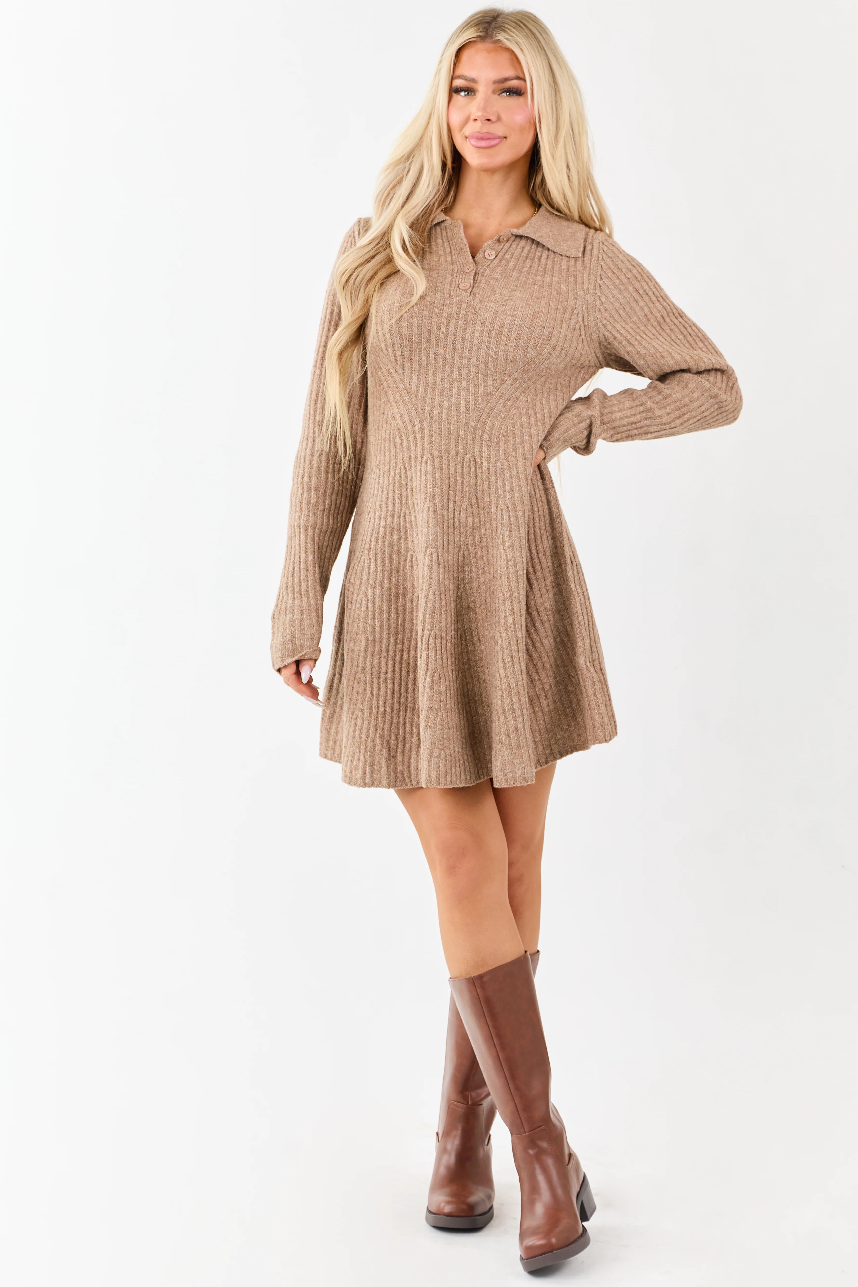 Taupe Ribbed Knit Wool Blend Short Sweater Dress - Image 2
