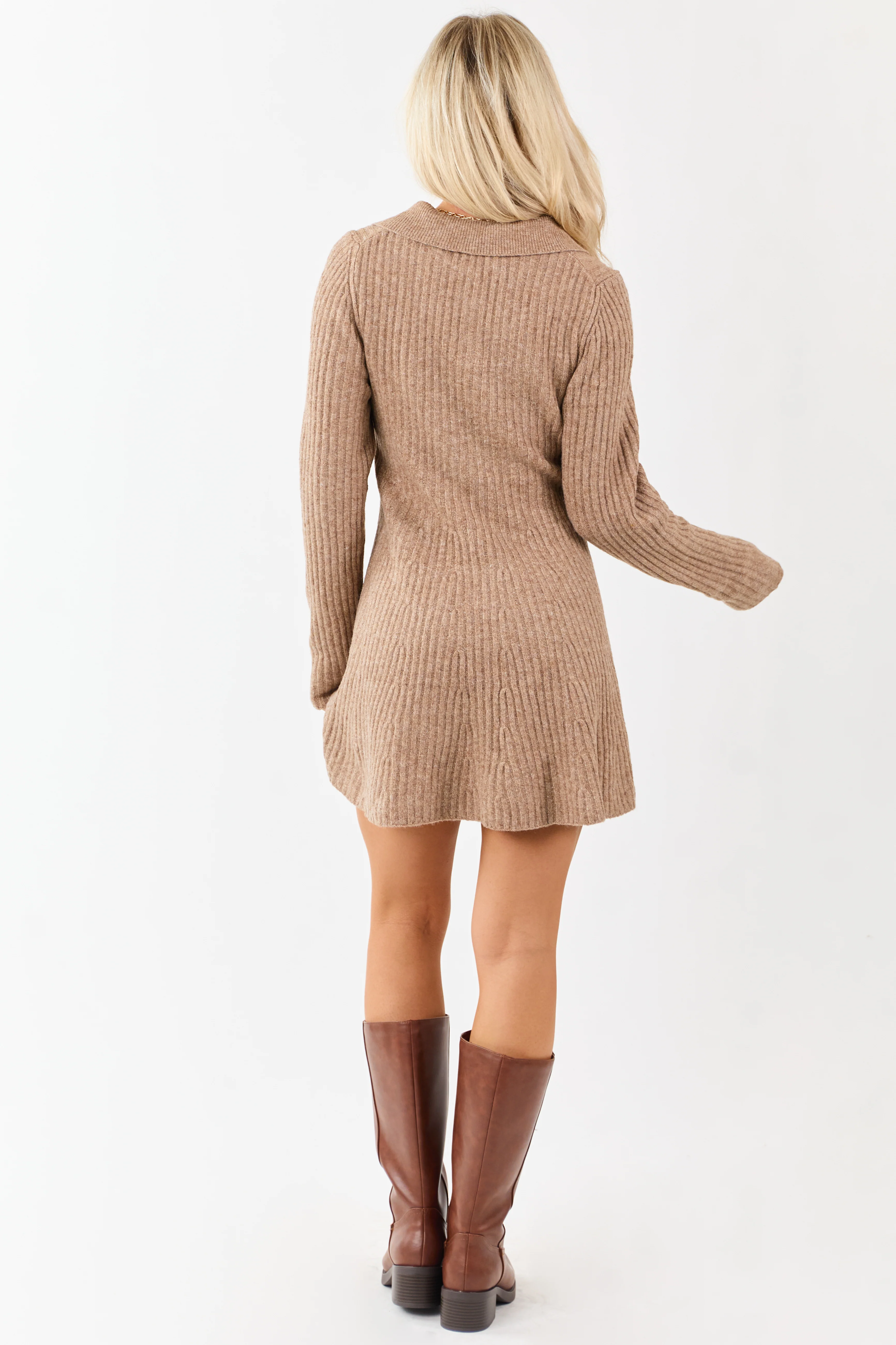 Taupe Ribbed Knit Wool Blend Short Sweater Dress - Image 5
