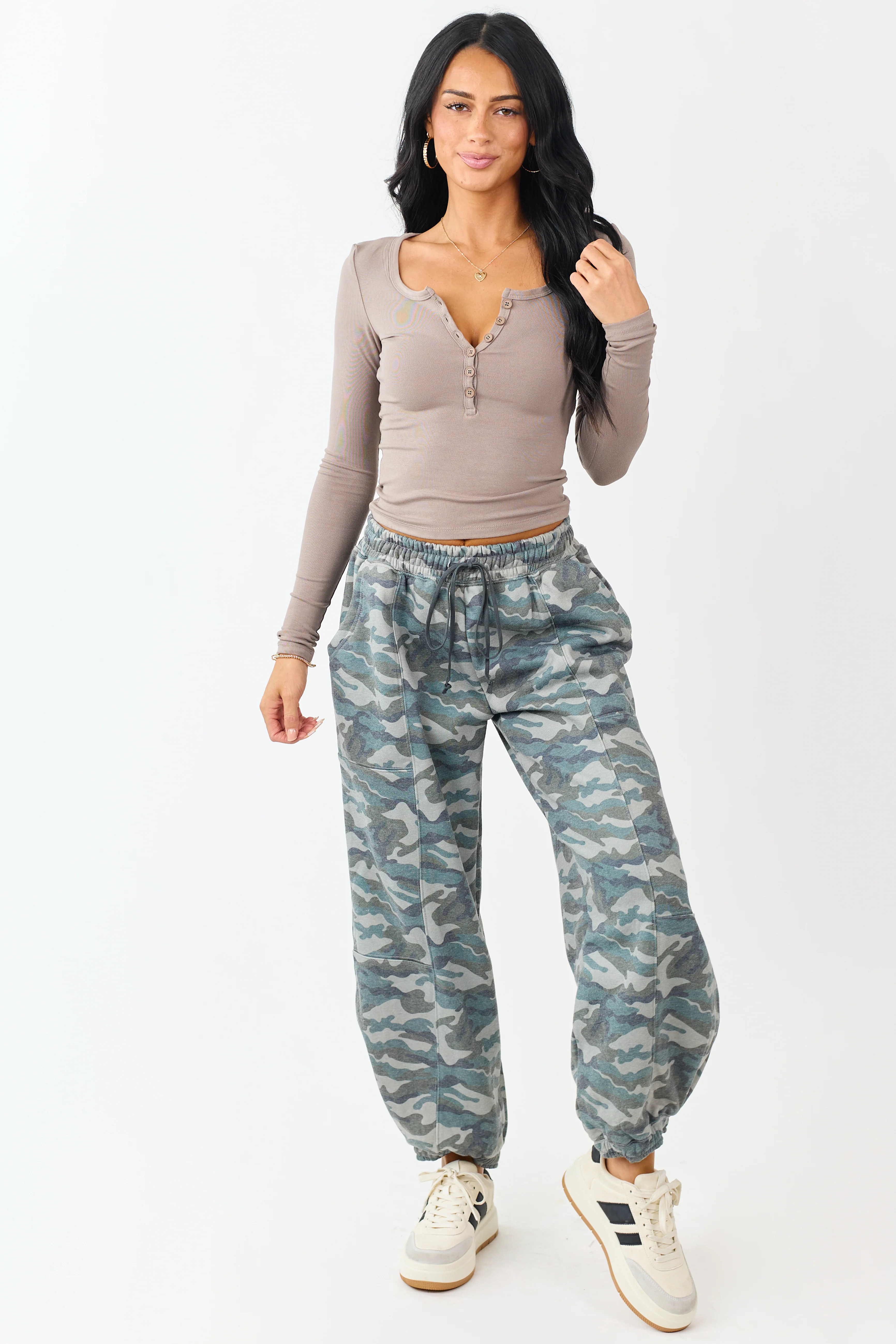 Taupe Scoop Neck Long Sleeve Henley Top - Image 3