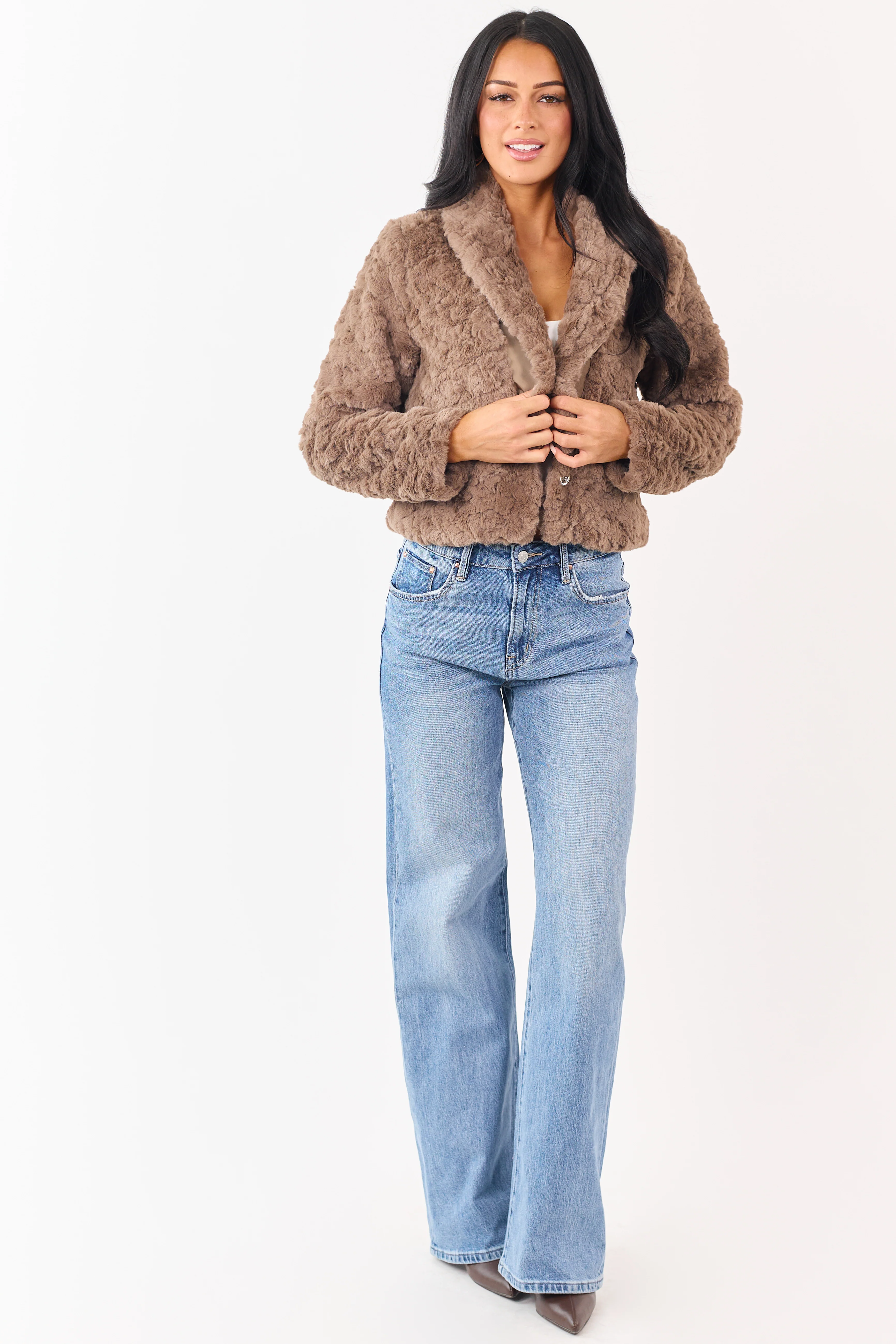 Taupe Teddy Faux Fur Shawl Collar Crop Jacket - Image 3