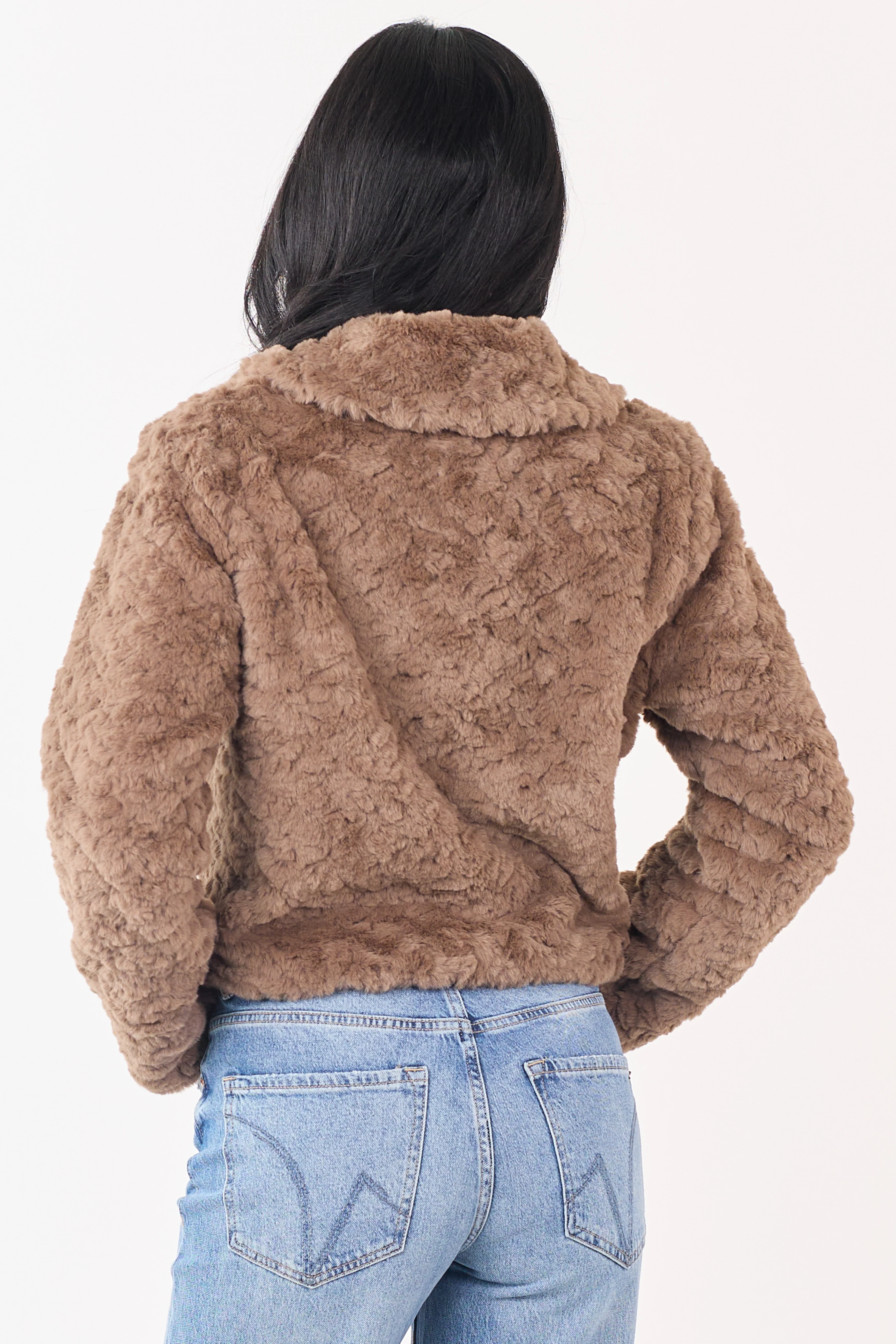 Taupe Teddy Faux Fur Shawl Collar Crop Jacket - Image 5