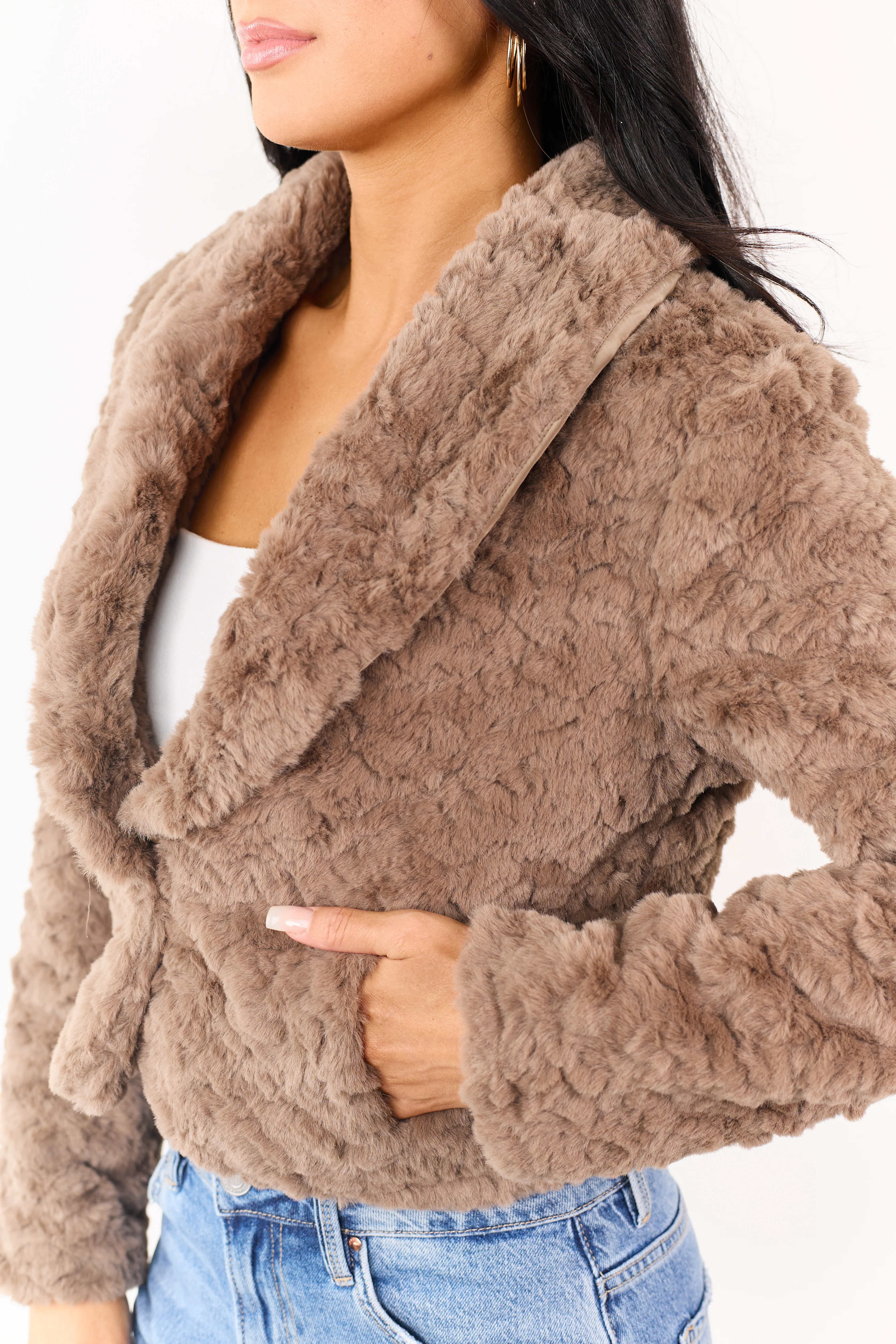 Taupe Teddy Faux Fur Shawl Collar Crop Jacket - Image 6