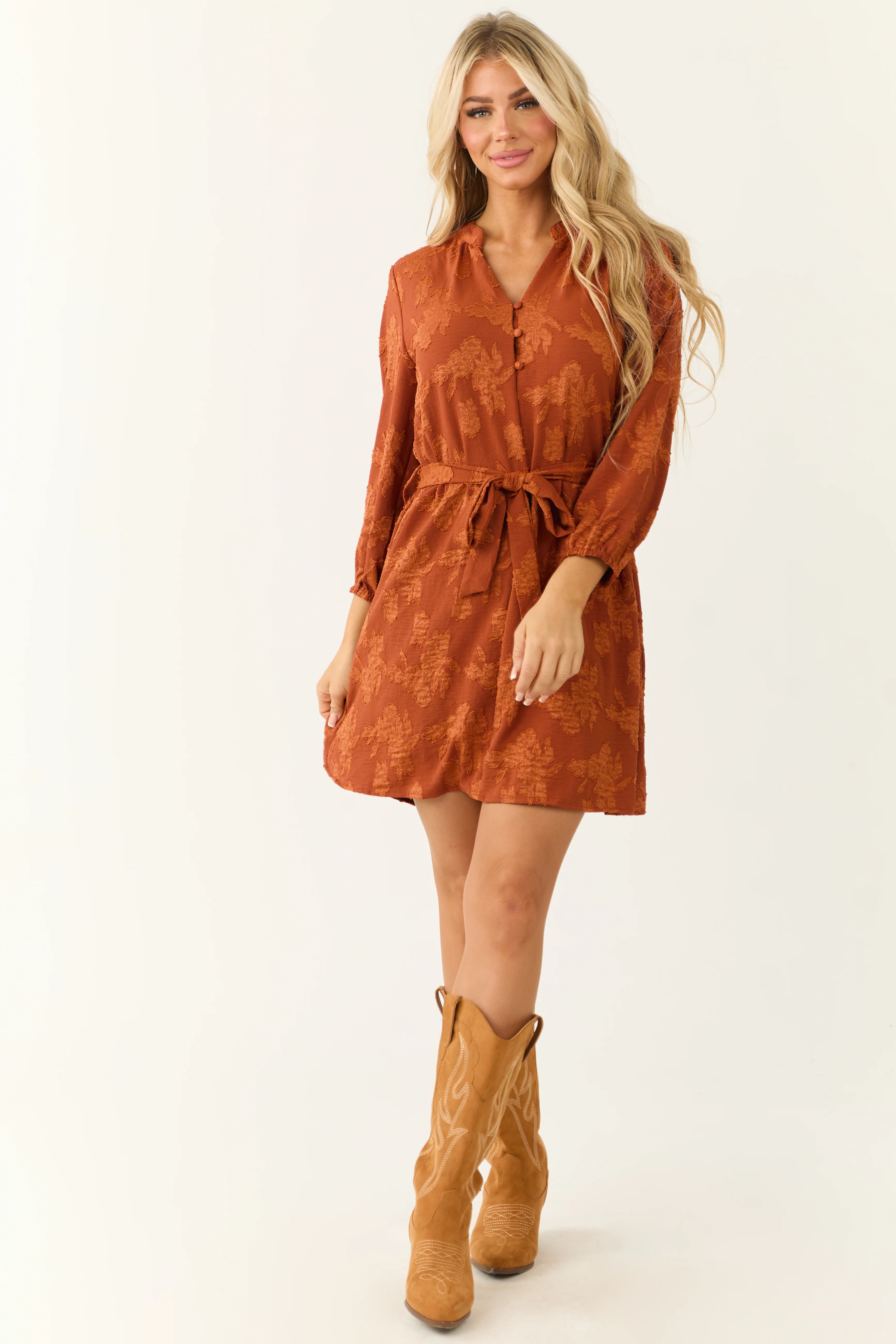 Tawny Floral Jacquard Short Dress with Waist Tie - Image 2